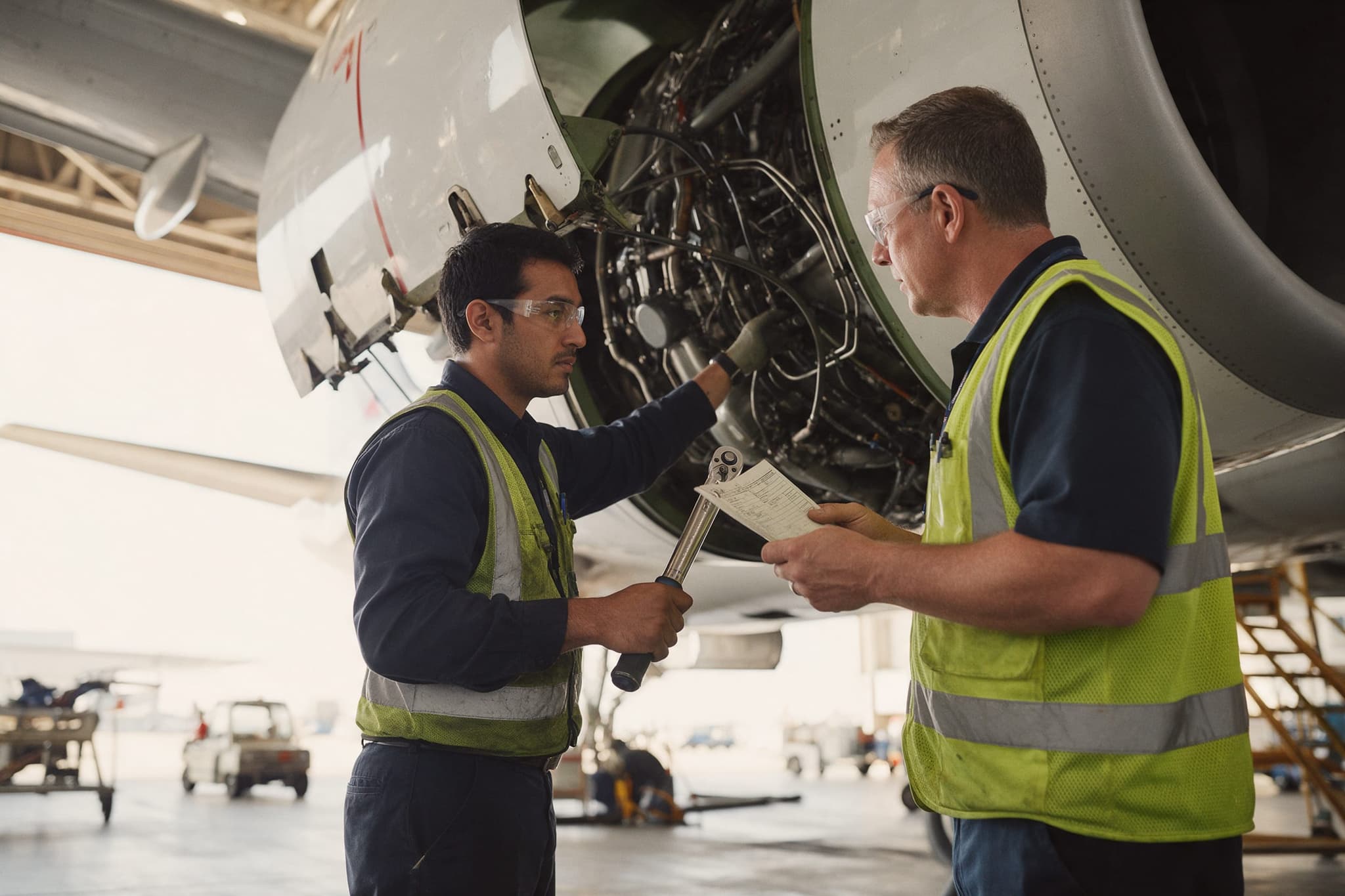 An aircraft maintenance technician and an inspector working beneath an open engine cowling in a hangar
