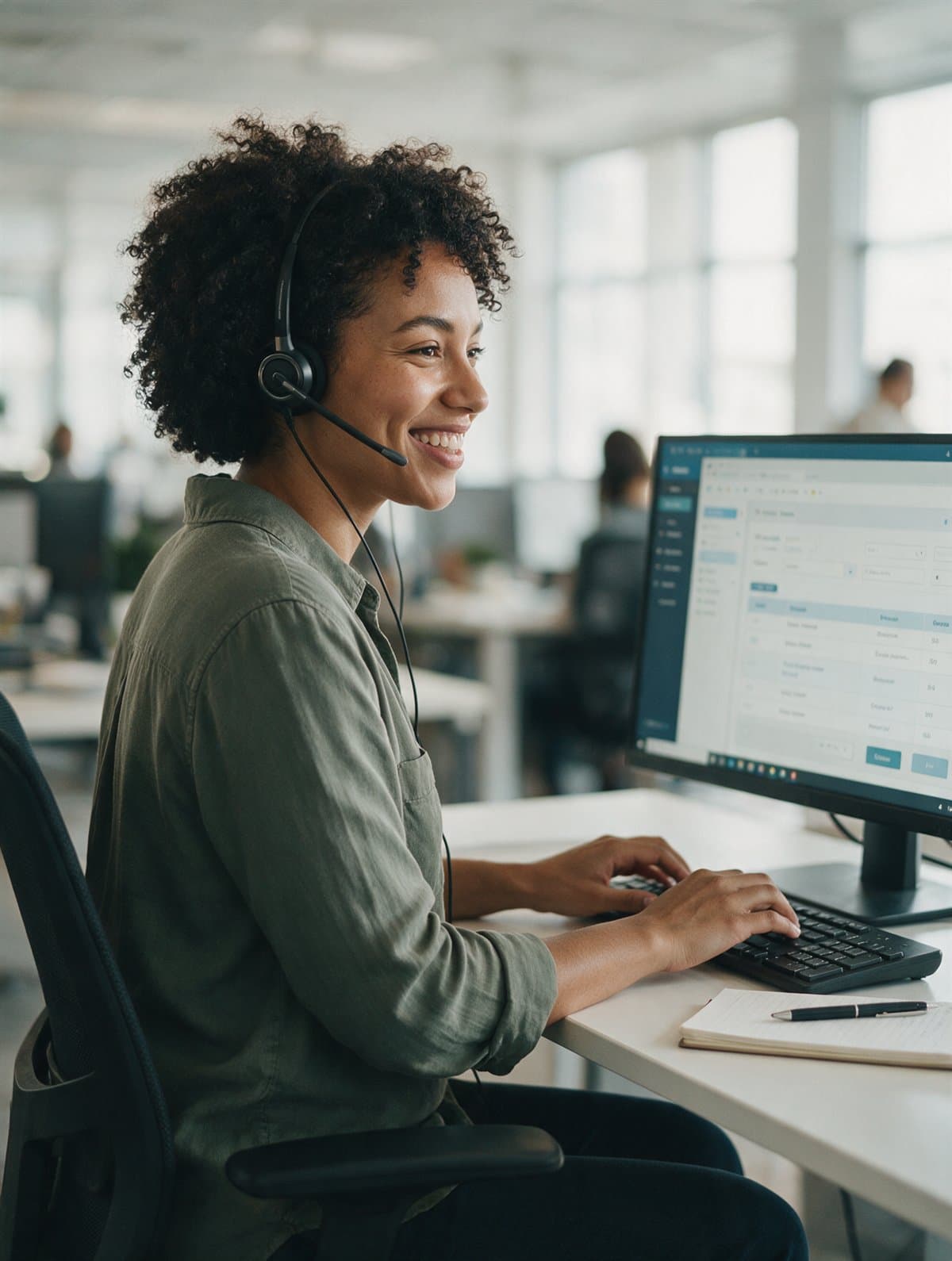A customer administration specialist on a call while entering an order