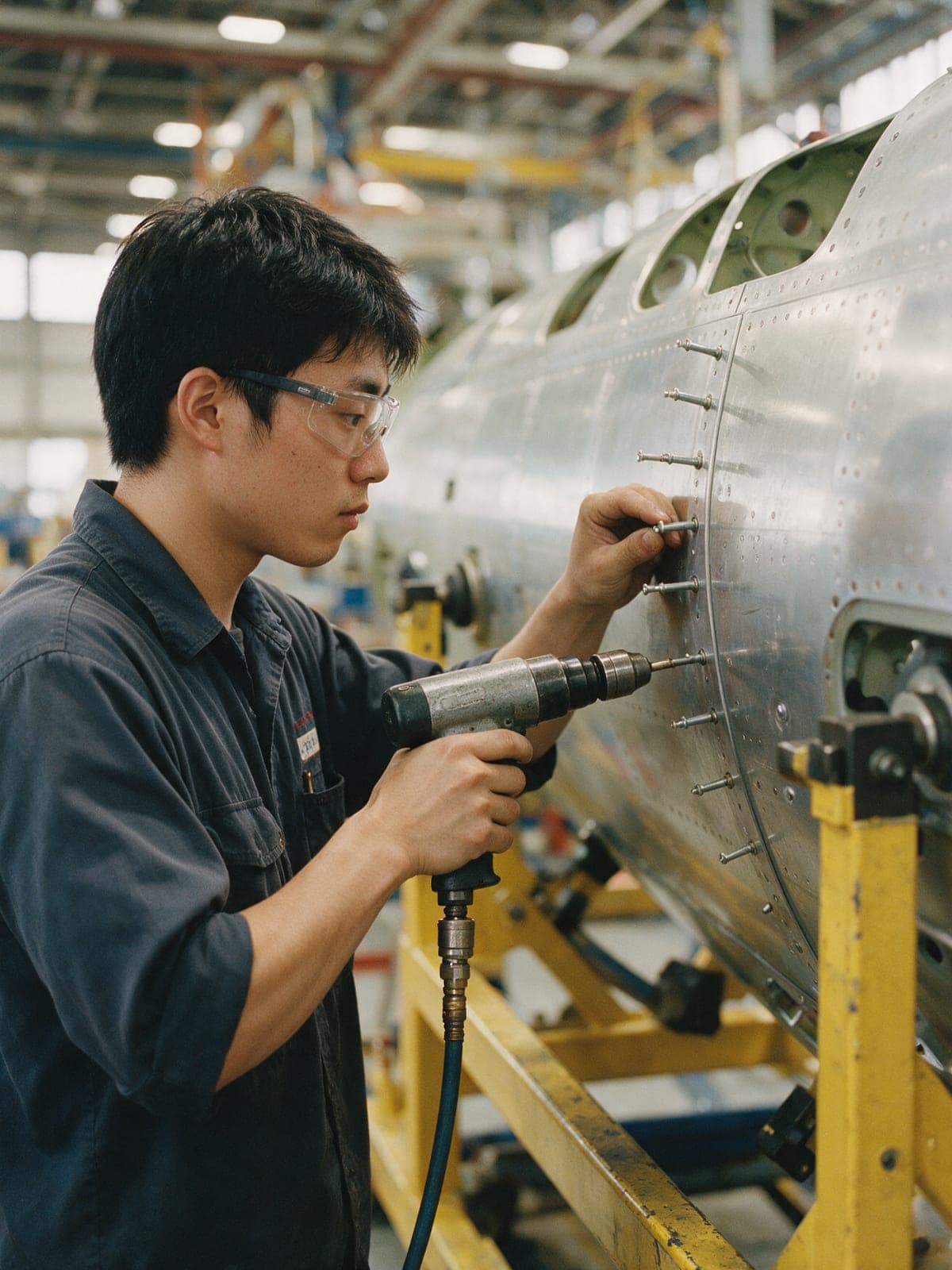 An aerospace assembler installing fasteners on a fuselage section in an assembly jig