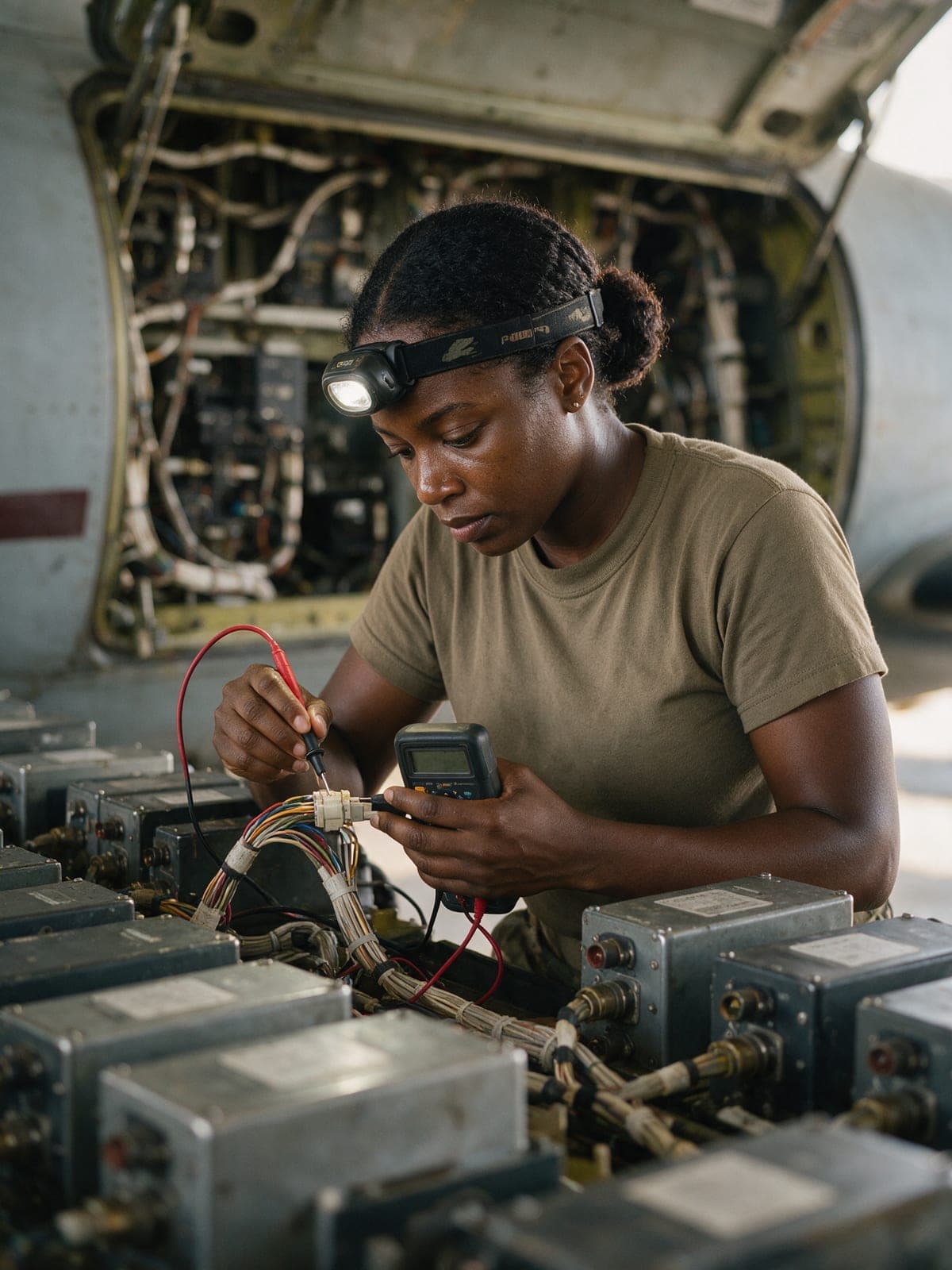 An avionics technician testing a wiring harness connector inside an aircraft electronics bay