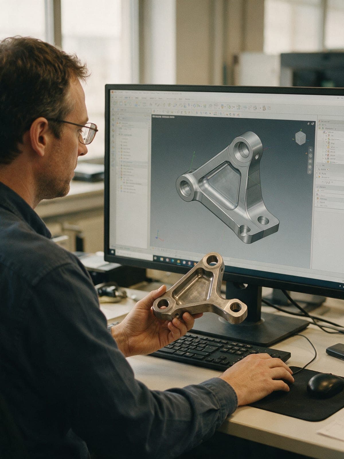 An aerospace engineer reviewing a CAD model of a machined bracket while holding the part