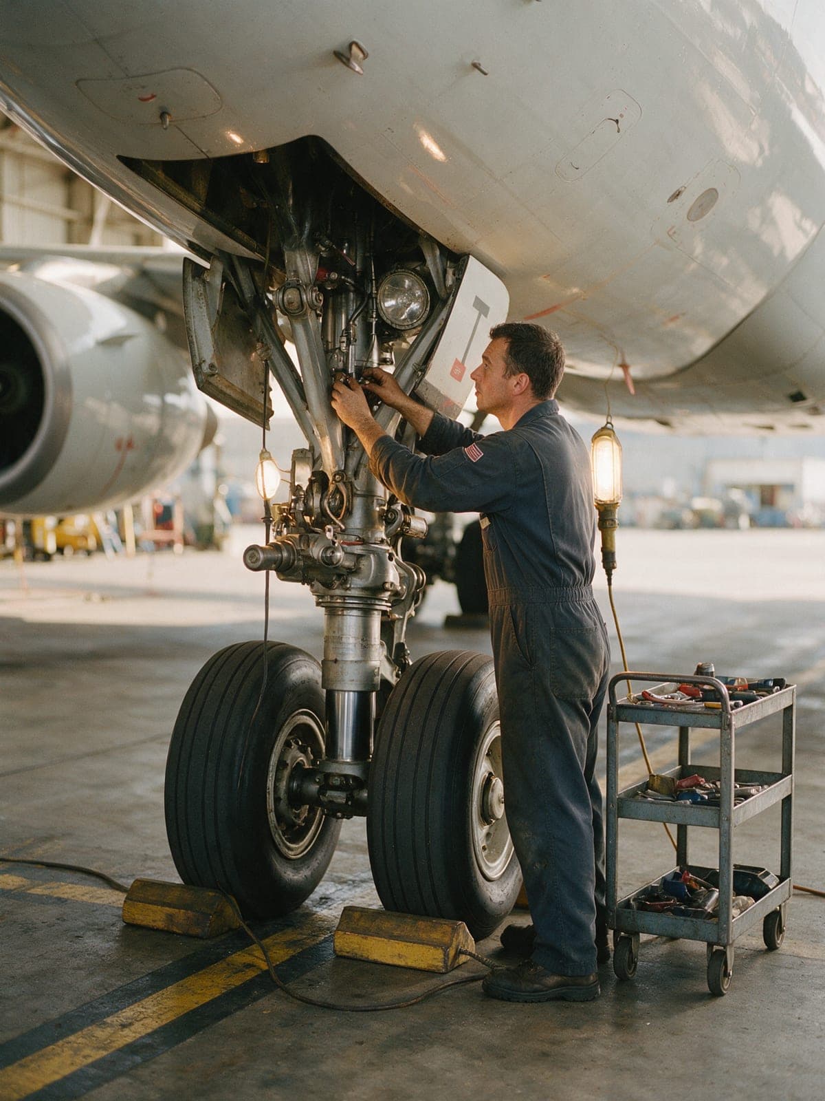 An aircraft maintenance technician servicing the main landing gear of a jet in a hangar