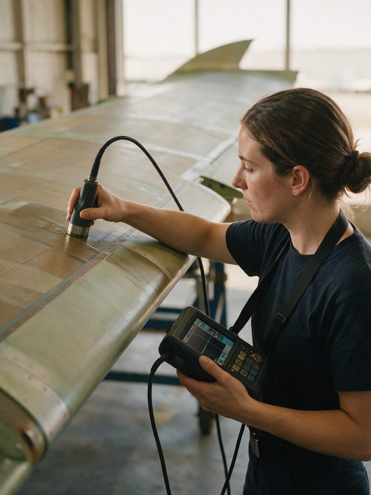 A non-destructive testing inspector running an ultrasonic probe across a composite wing panel
