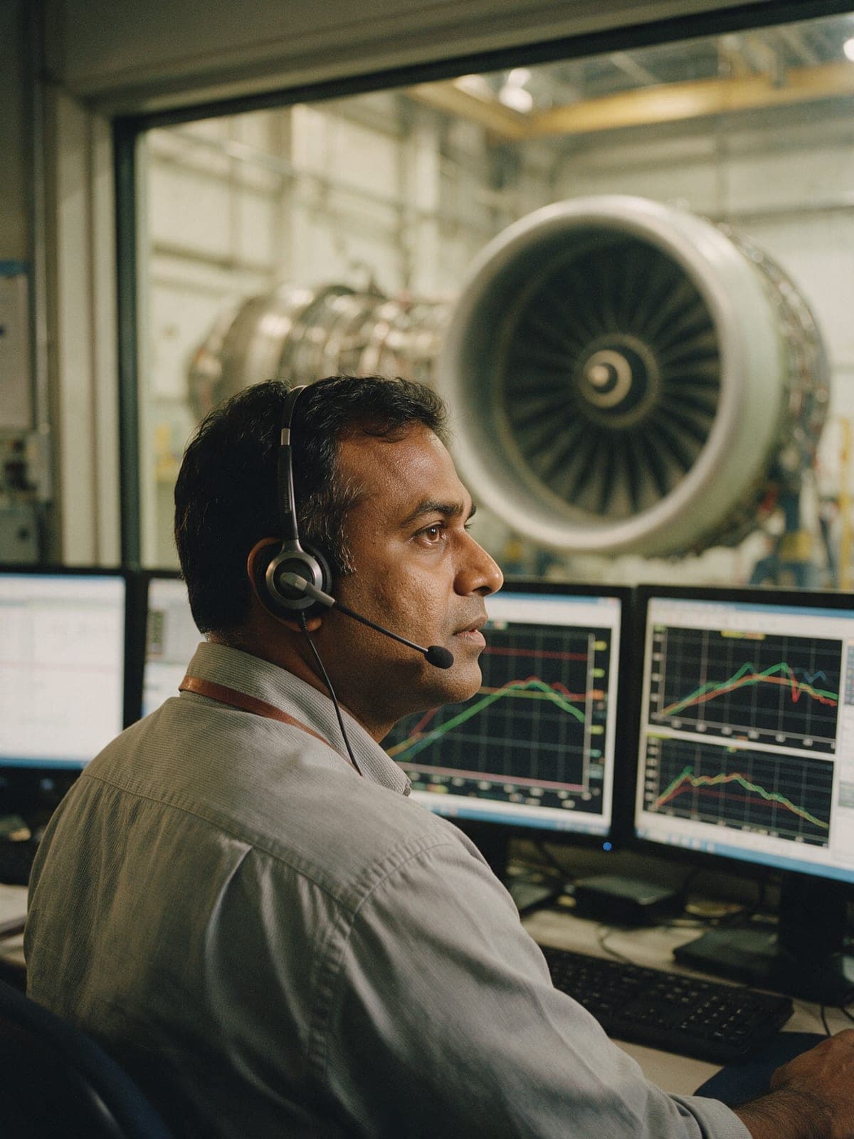 A test engineer monitoring live data in a jet engine test cell control room