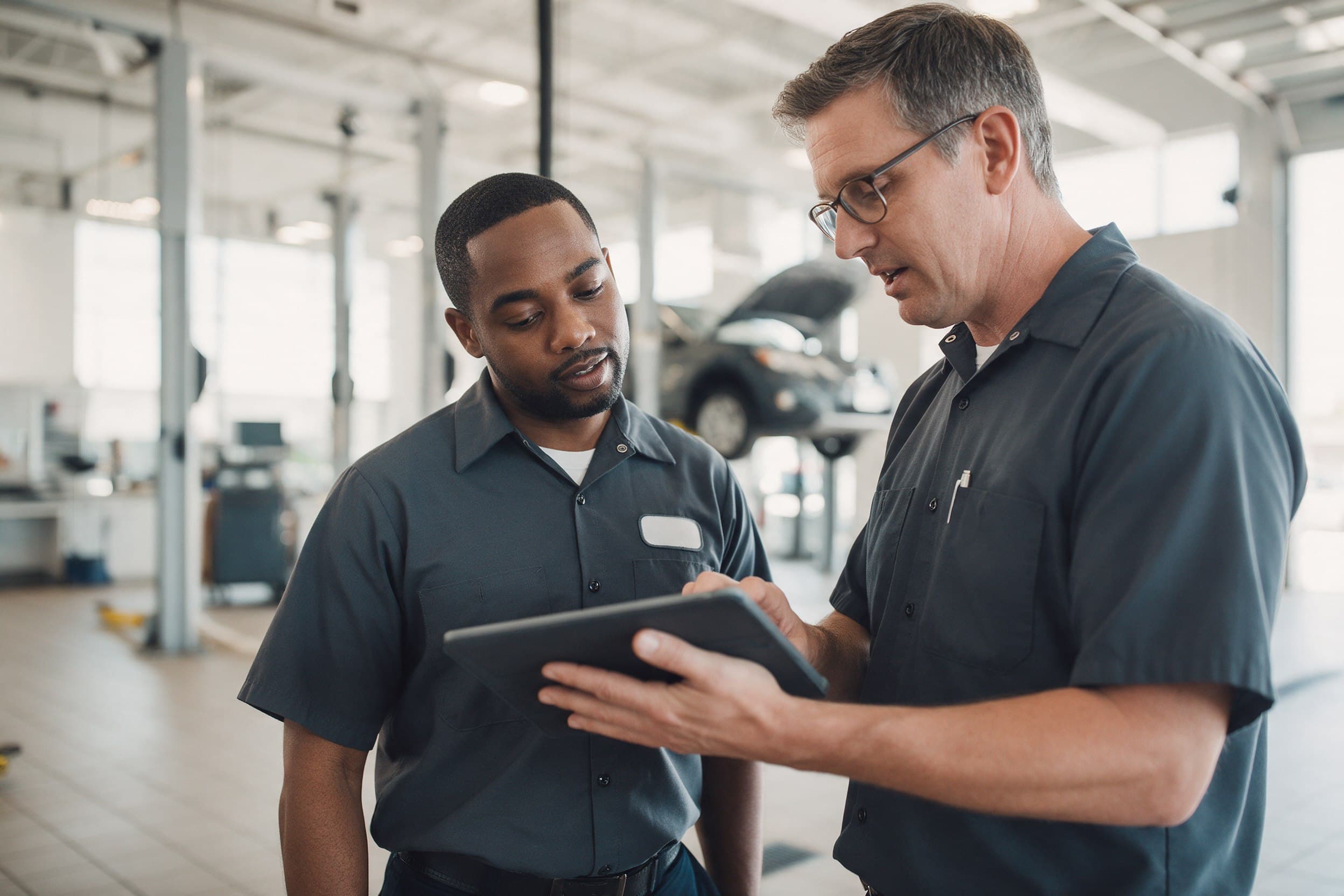 A service advisor and a technician talking through a job at a clean modern dealership service drive