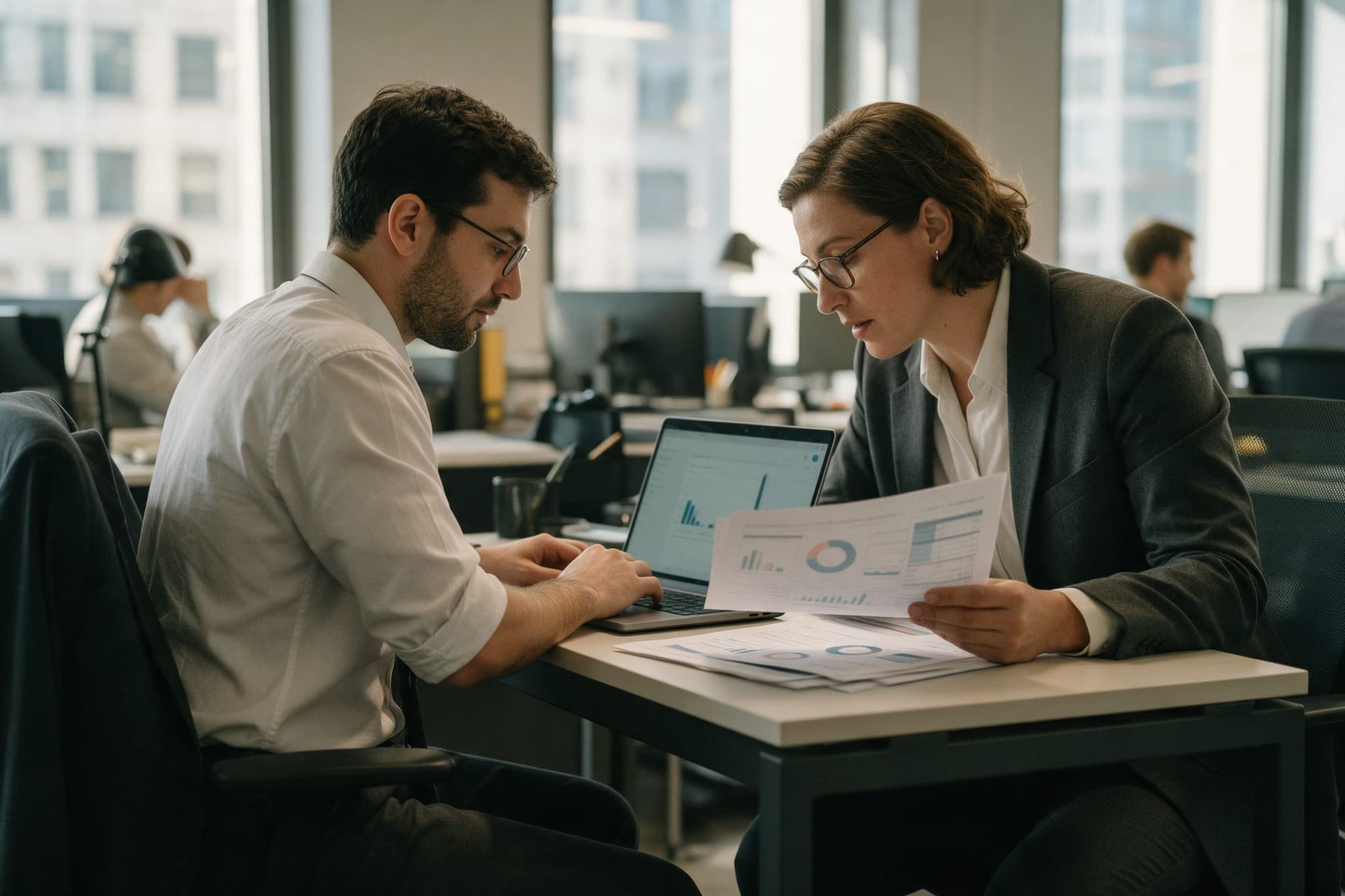 An analyst and a risk manager talking over a laptop and printed reports in a bank office