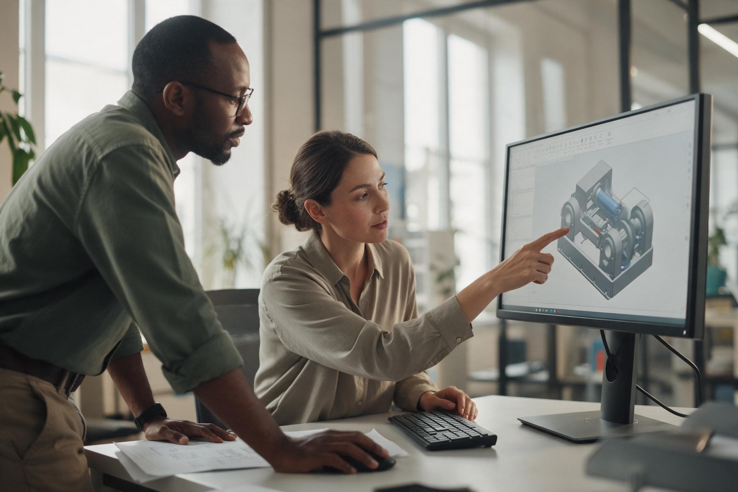 Two engineers reviewing a 3D CAD assembly on a large monitor in a modern engineering office