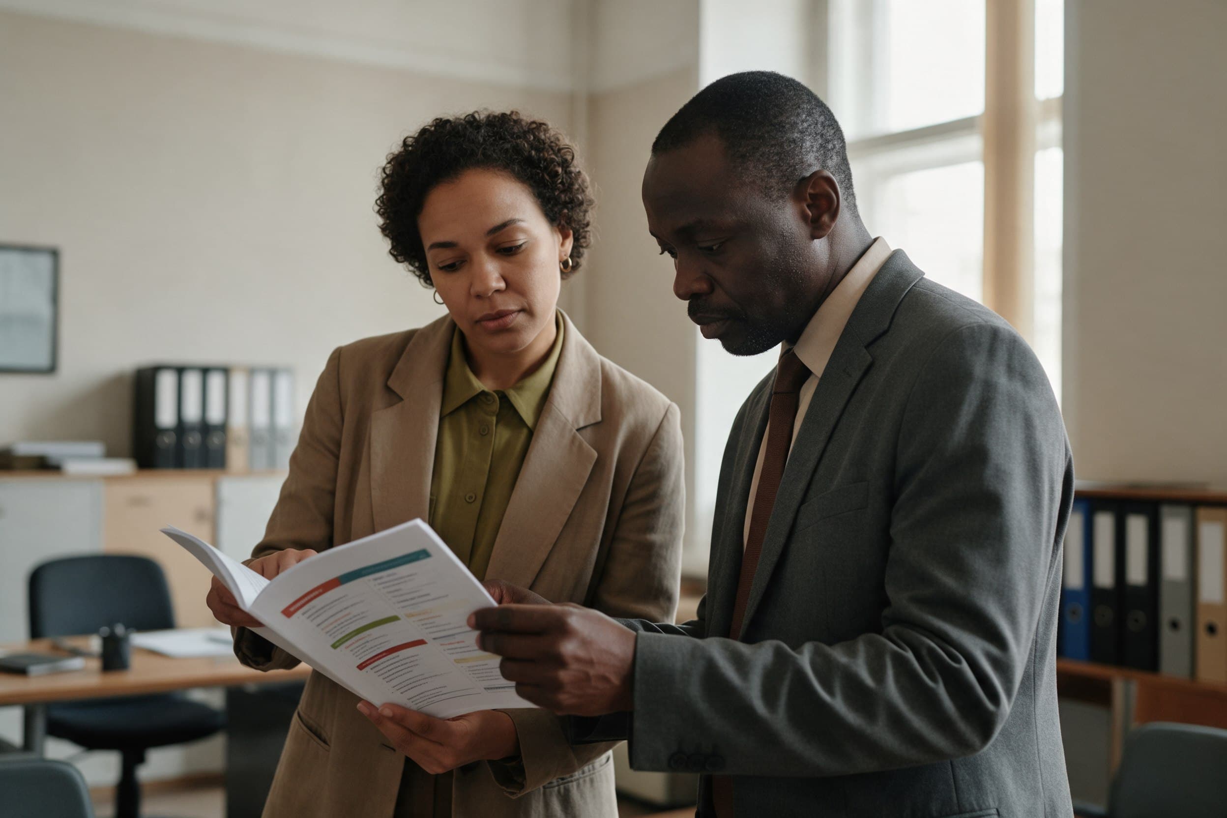 Two public sector professionals reviewing a programme document together in a plain civic office