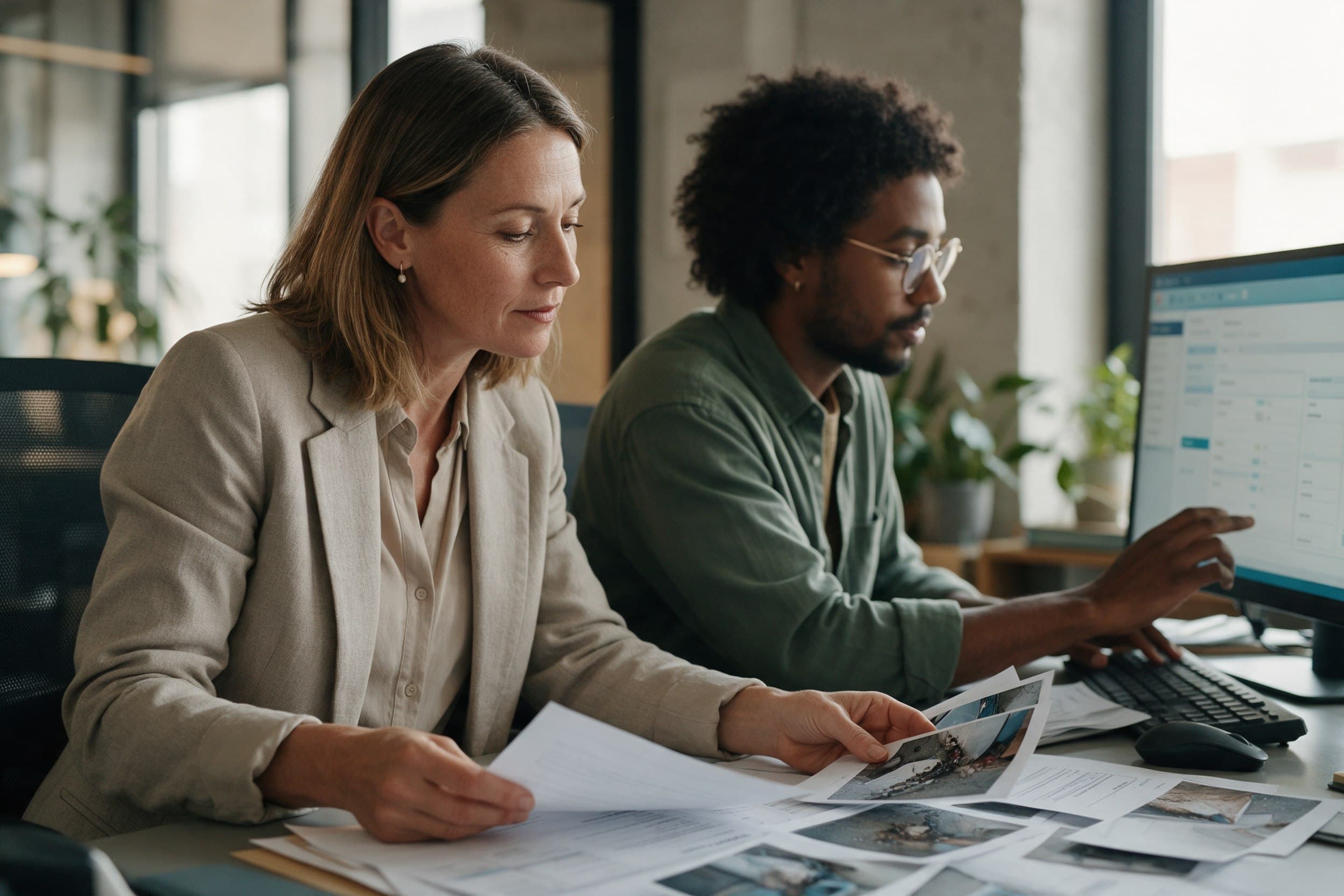 Two insurance professionals reviewing a claim file together at a desk, documents spread out and a claims system on screen