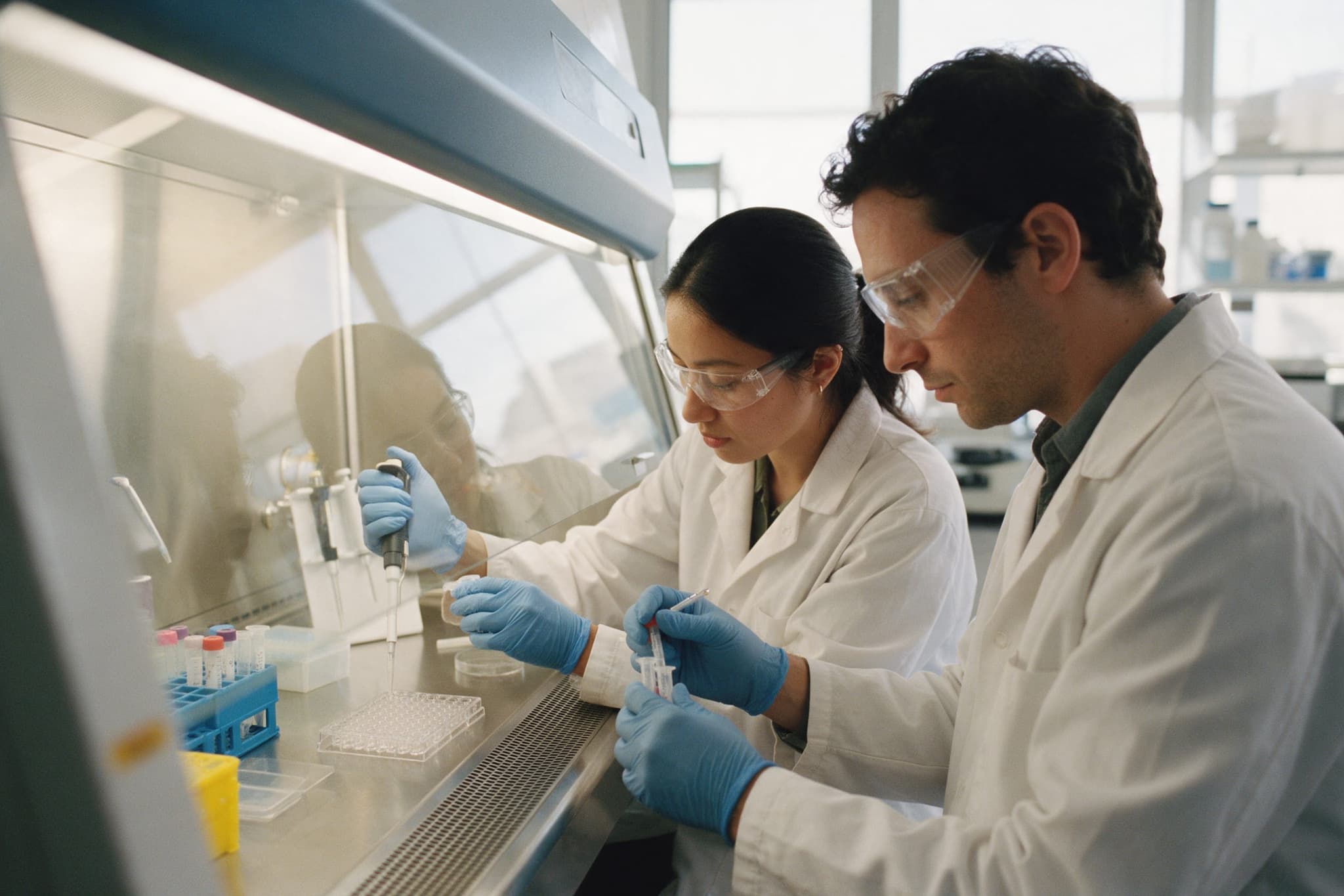 Two research scientists working side by side at a biosafety cabinet in a bright laboratory