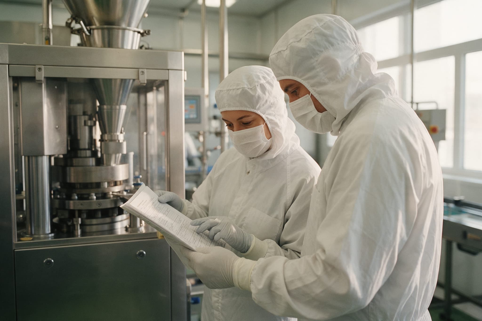 Two production technicians in cleanroom gowning reviewing a batch record beside a tablet press