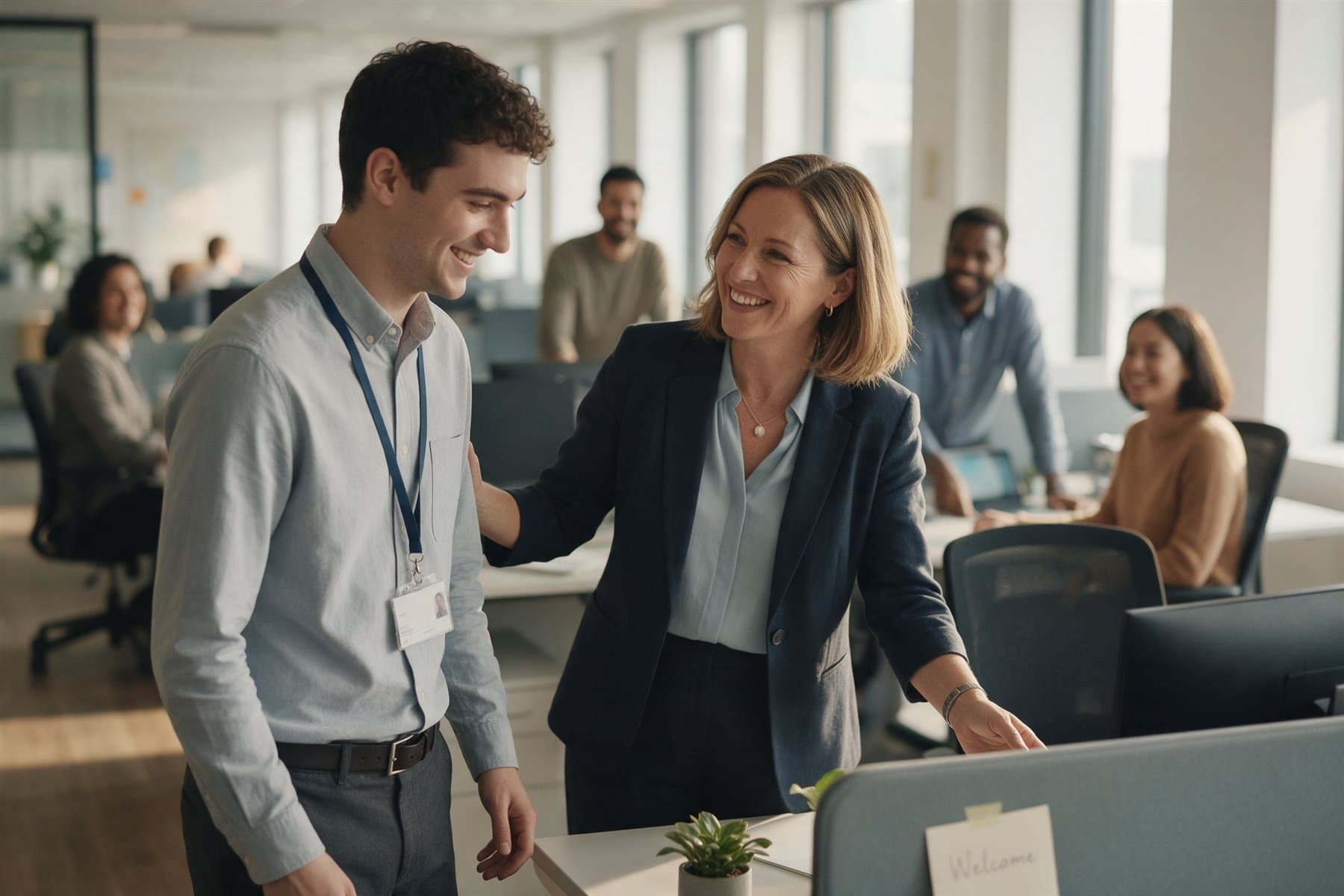 A manager welcoming a new starter and showing him to his desk on his first morning in a bright open plan office