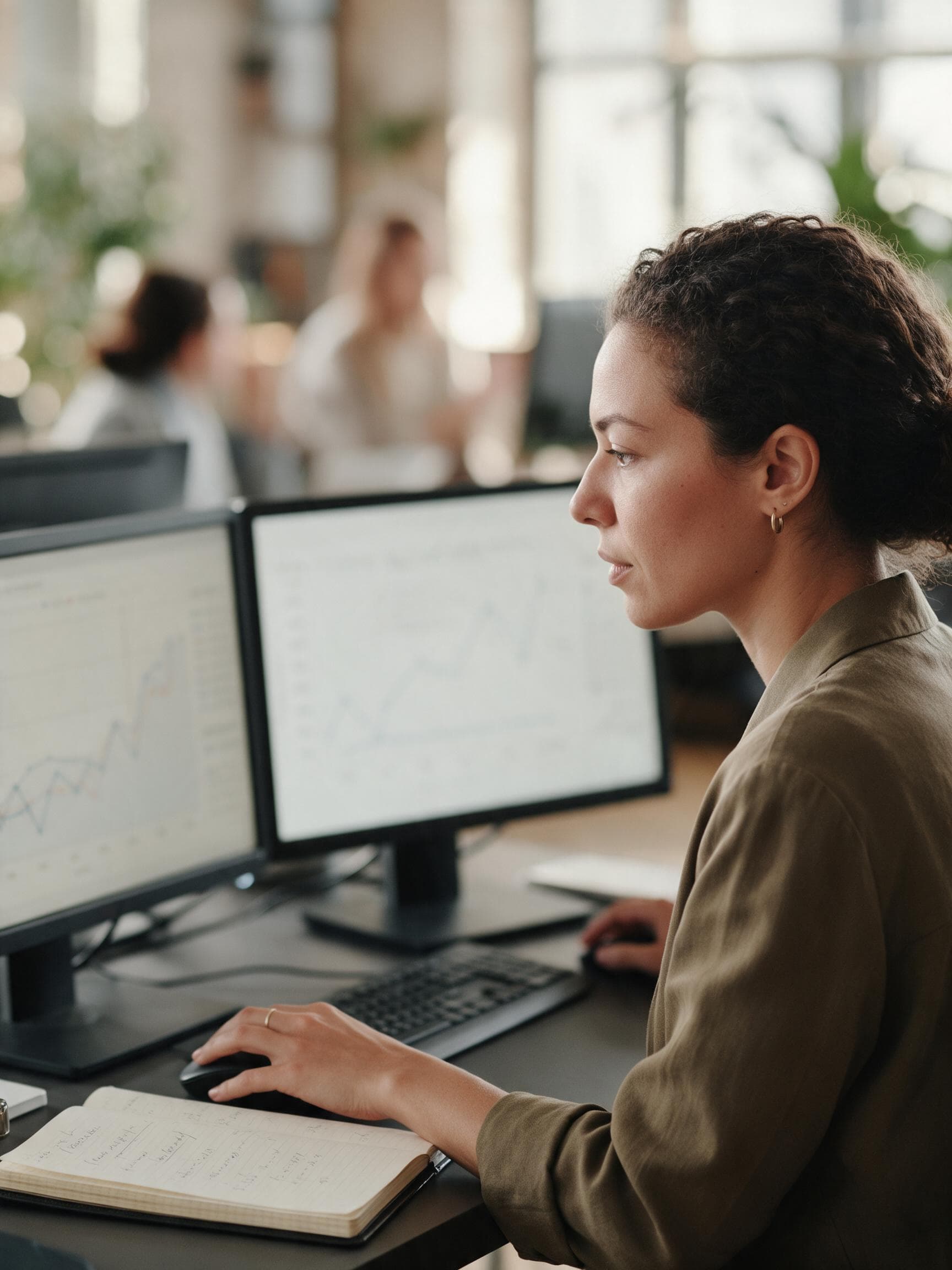 A data specialist studying charts across two screens at a modern workstation, notebook of workings beside her