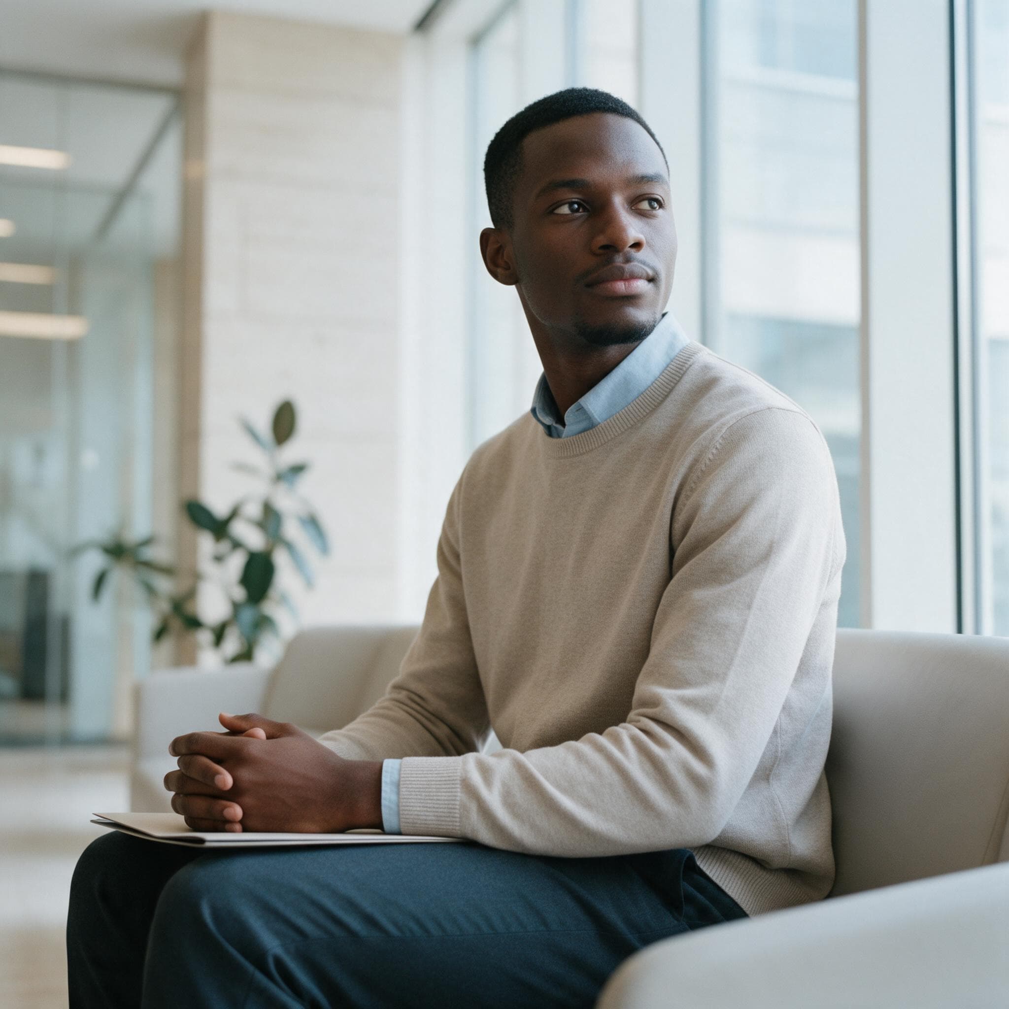 A young professional waiting composed in a bright modern office waiting area before an interview, folder on his lap