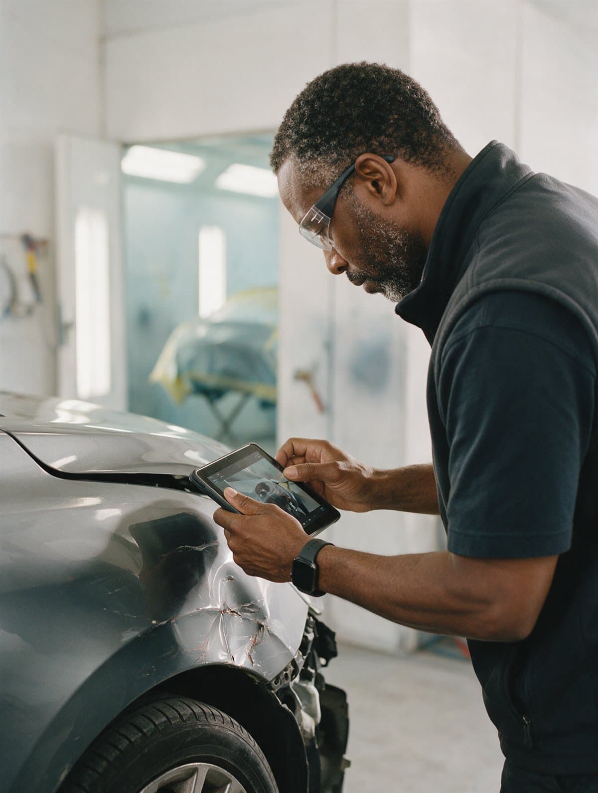 A collision estimator documenting damage on a vehicle
