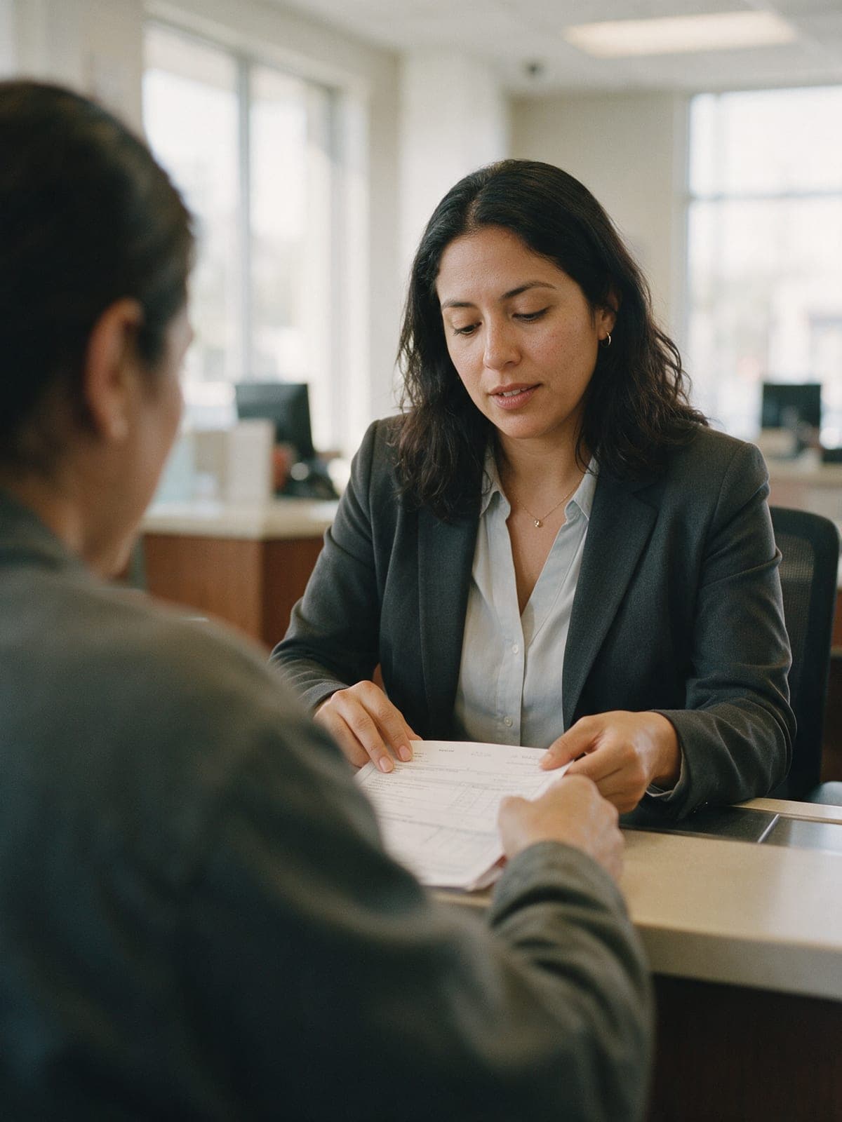 A personal banker going through account paperwork with a customer at a branch desk