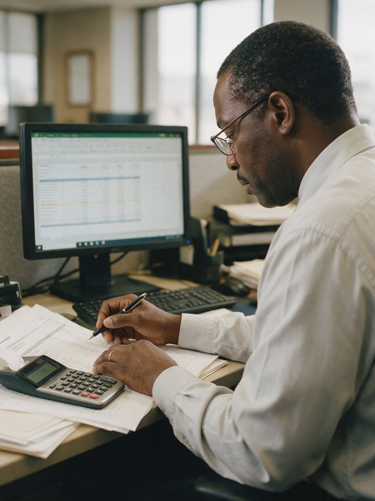 A credit analyst working through printed company financial statements with a calculator
