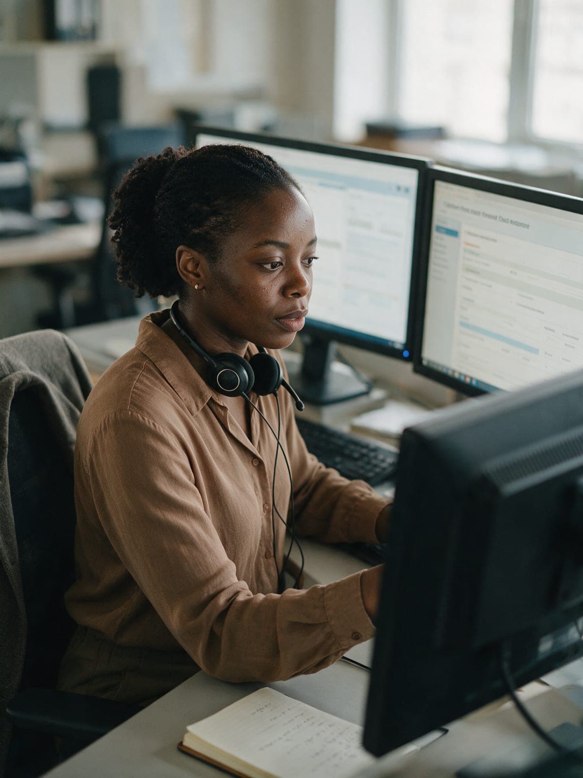 A financial crime analyst reviewing a customer due diligence case on two monitors