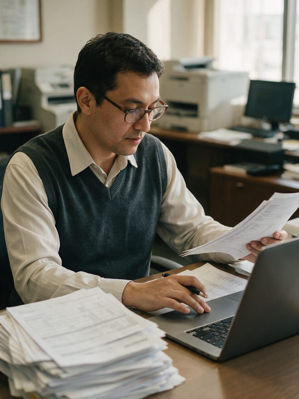 A loan operations specialist checking mortgage documents against a laptop