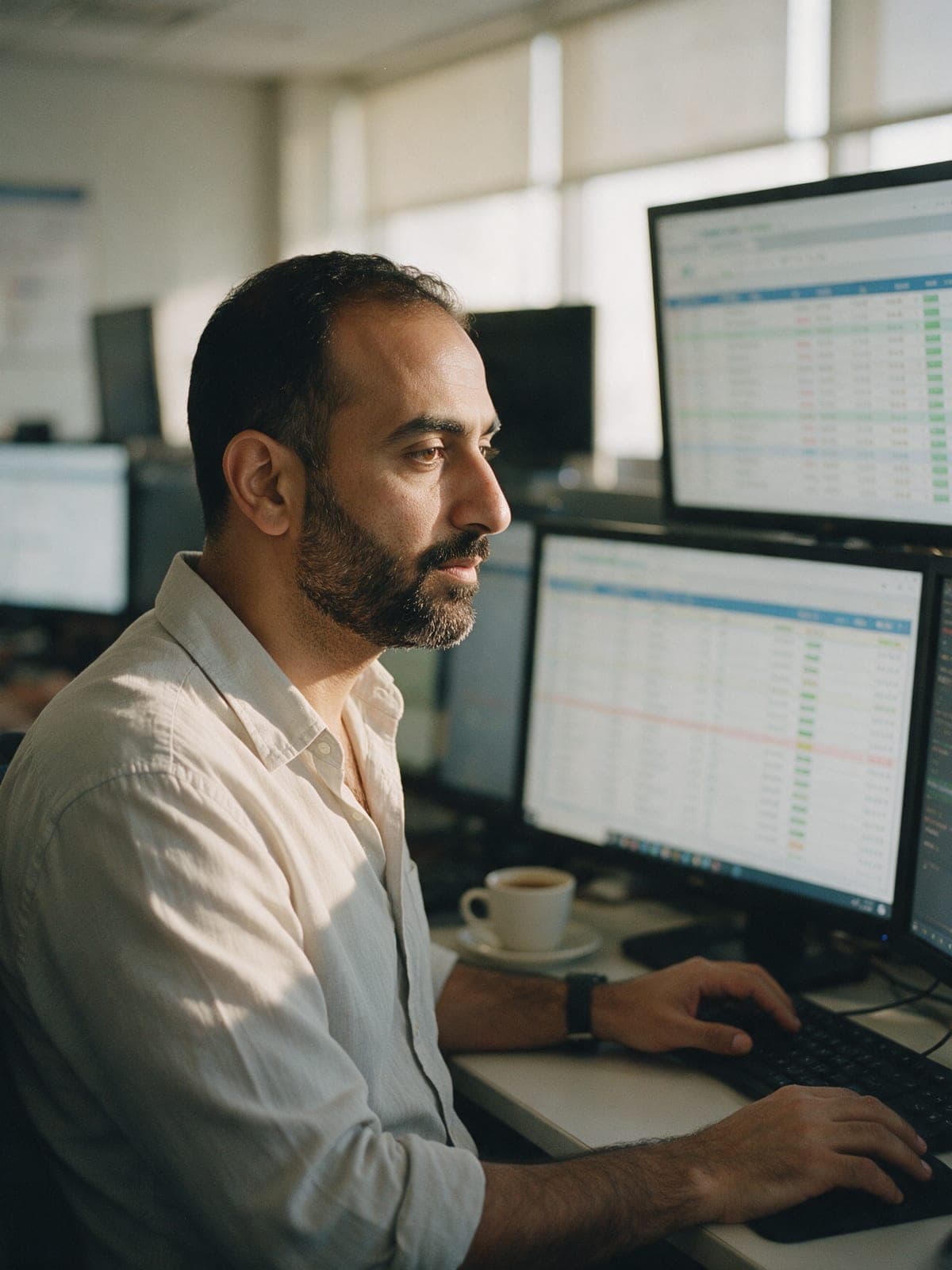 A payments operations analyst monitoring transaction queues across several screens