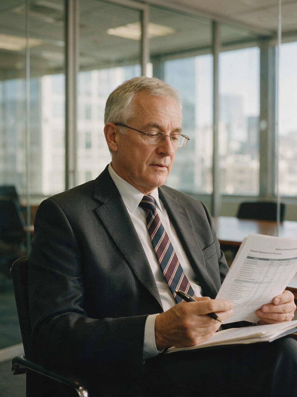 A risk and compliance manager reading a printed regulatory report in a meeting room