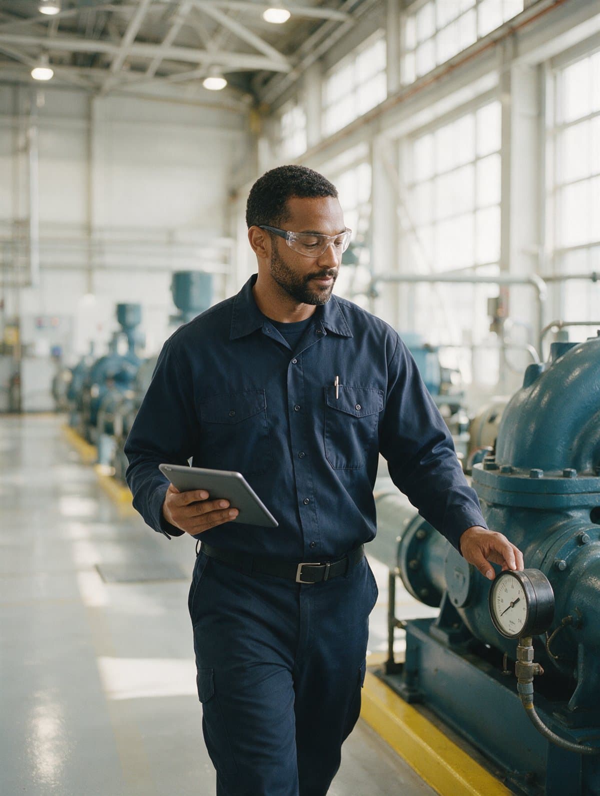 A plant operator checking a gauge on a pump