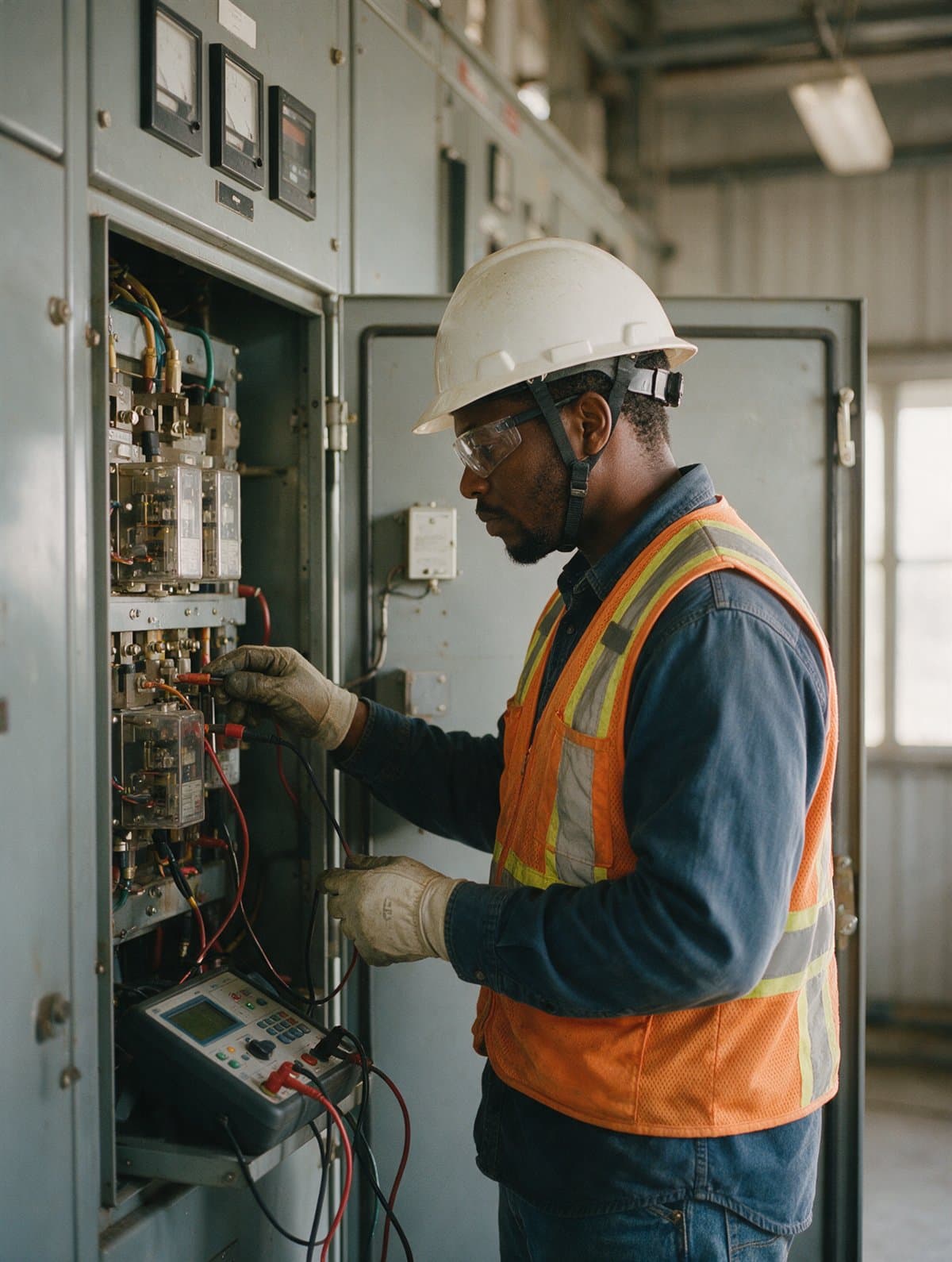 A substation technician testing a relay panel