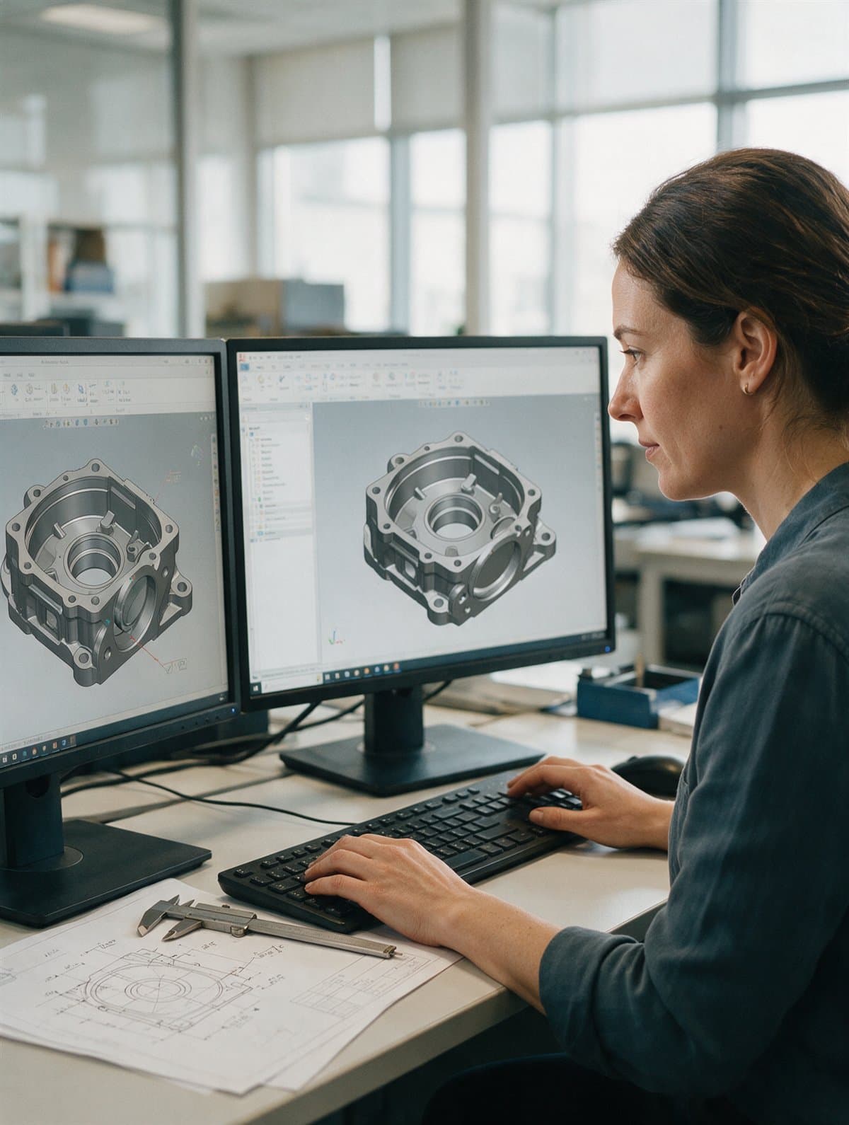 A mechanical design engineer reviewing a 3D CAD assembly at her workstation