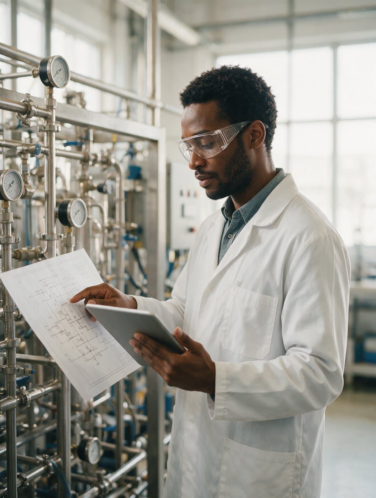 A process engineer checking readings on a pilot plant skid against a P&ID