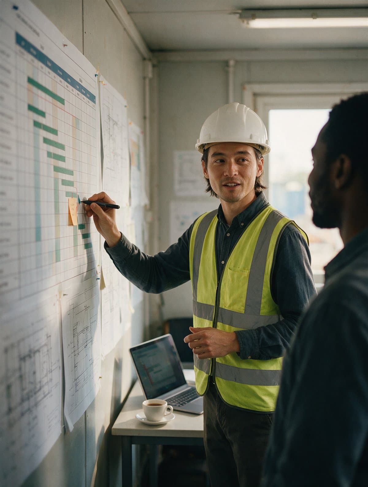 A project engineer reviewing a printed schedule wall in a site office