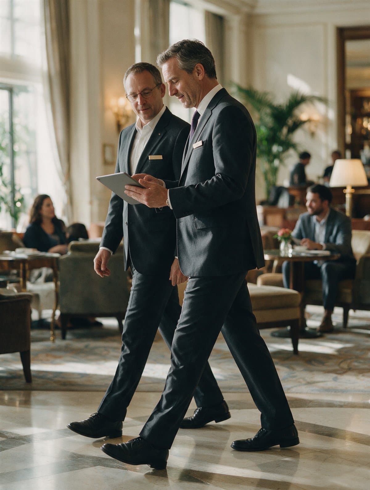 A hotel general manager walking the lobby with a department head