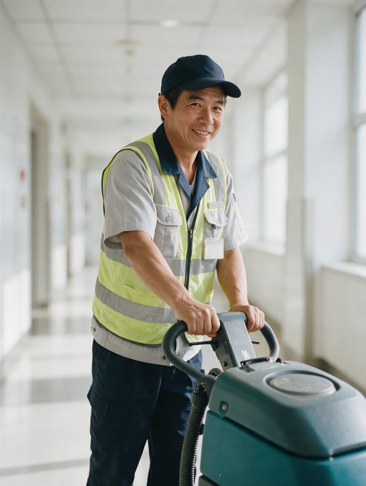 A sanitation worker operating a floor scrubber in a bright corridor
