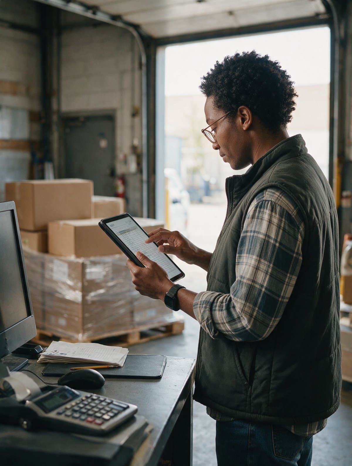 A shipping clerk checking a delivery against a manifest at the dock