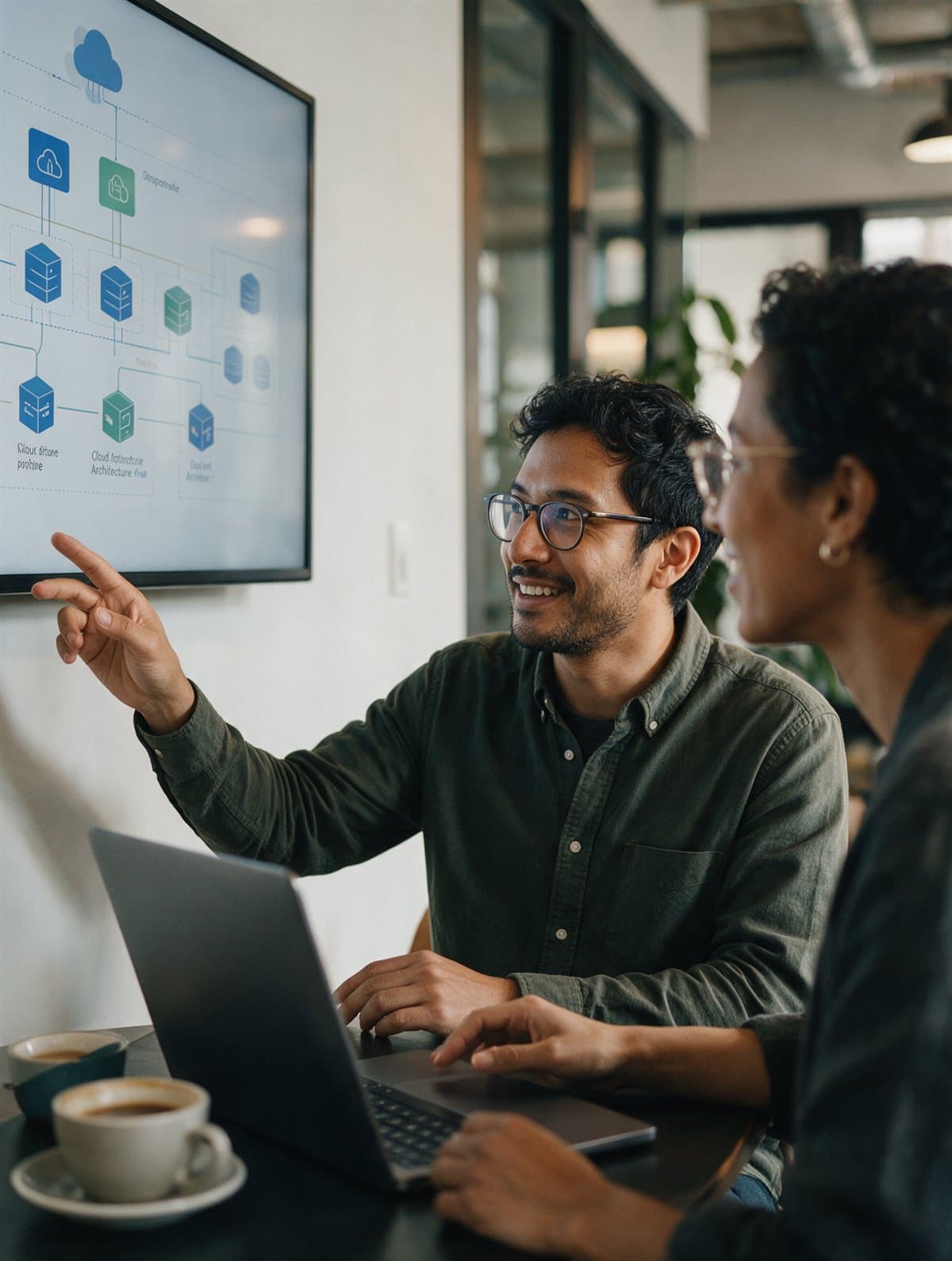A cloud engineer reviewing an architecture diagram with a colleague
