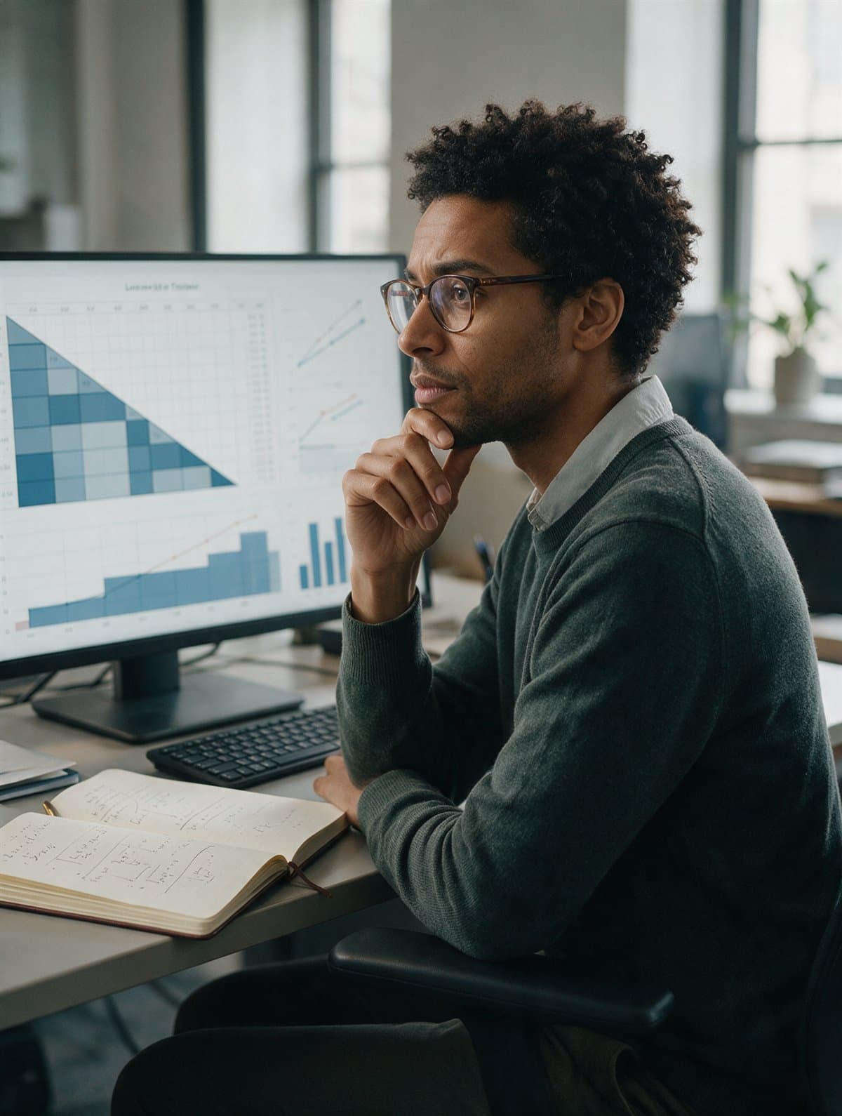 An actuarial analyst working through loss data on screen