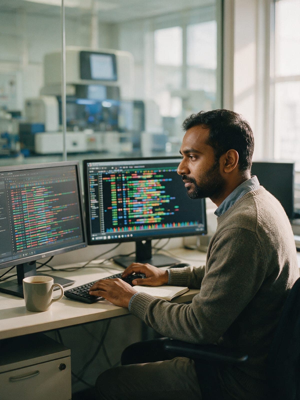 A bioinformatics scientist studying sequence data on two monitors beside a sequencing lab