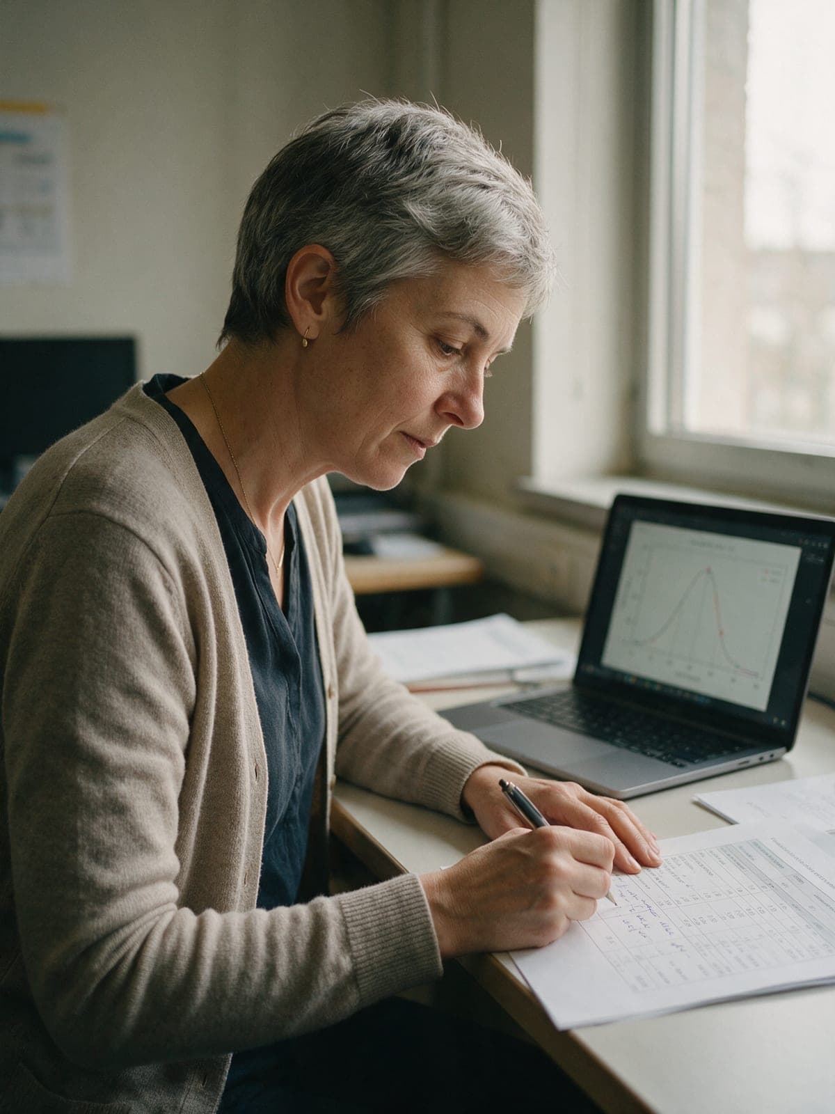 A biostatistician writing notes on a printed table of results beside a laptop