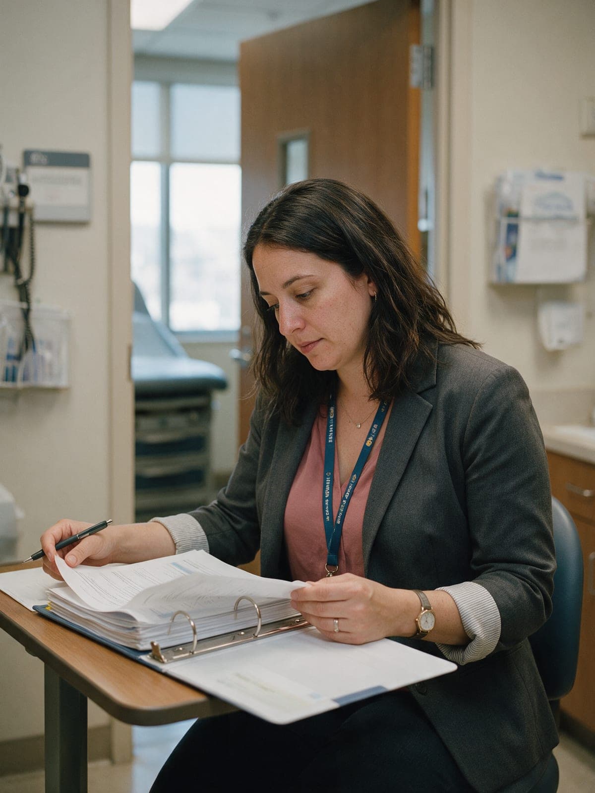 A clinical research coordinator reviewing a study binder in a research clinic office