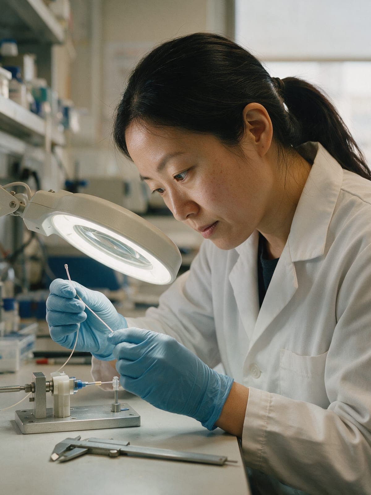 A medical device engineer inspecting a catheter component under a magnifier