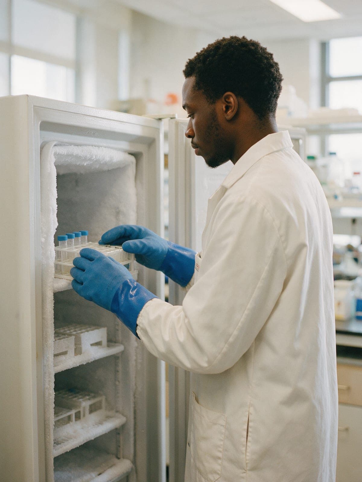 A laboratory technician placing a sample rack into a minus 80 freezer