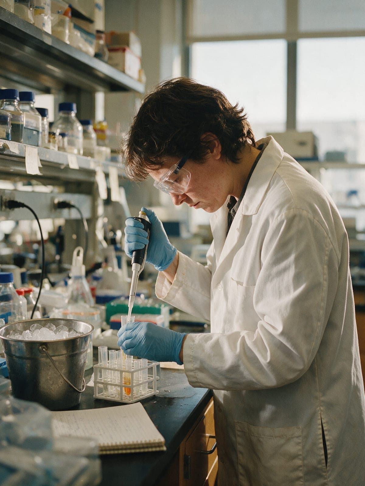 A research scientist pipetting samples at a laboratory bench