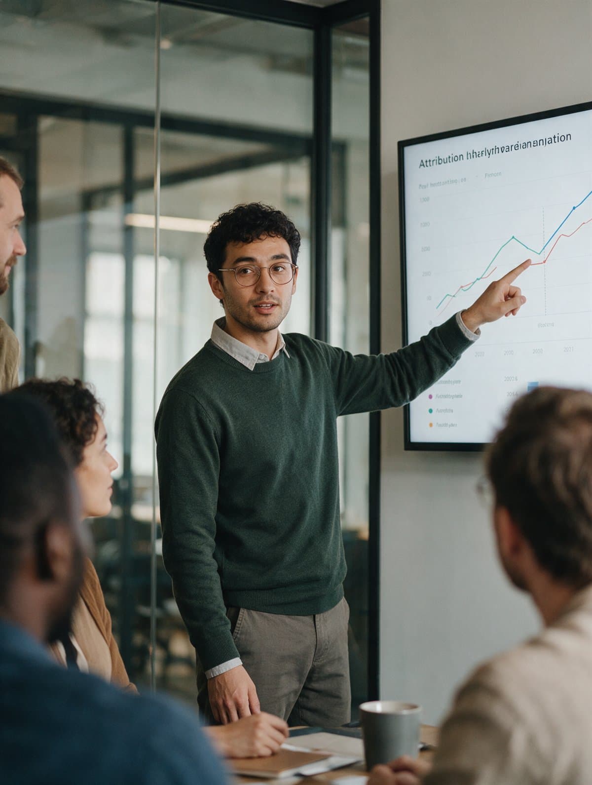 A marketing analyst presenting an attribution chart to a team