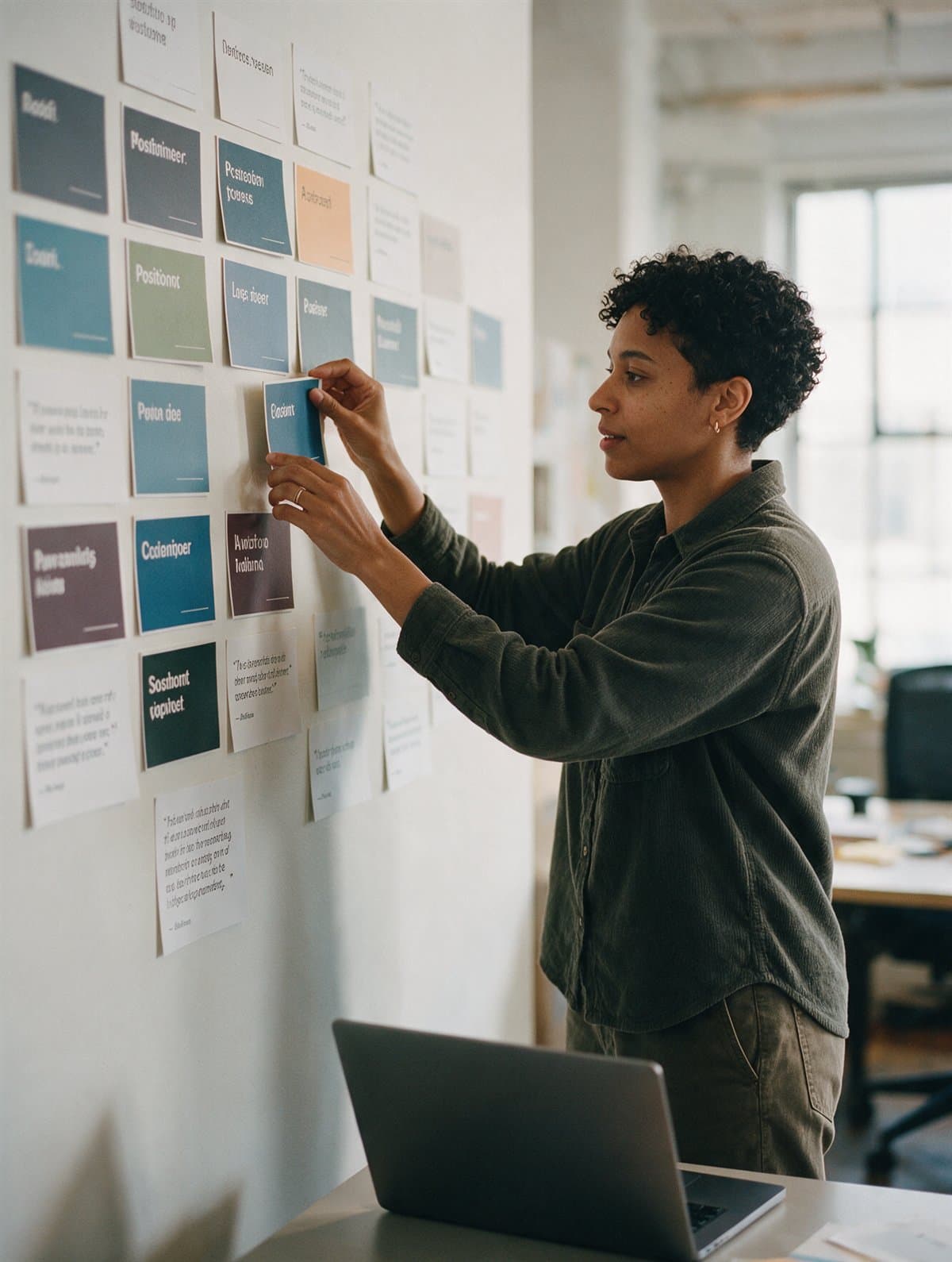 A product marketing manager working through a wall of positioning cards