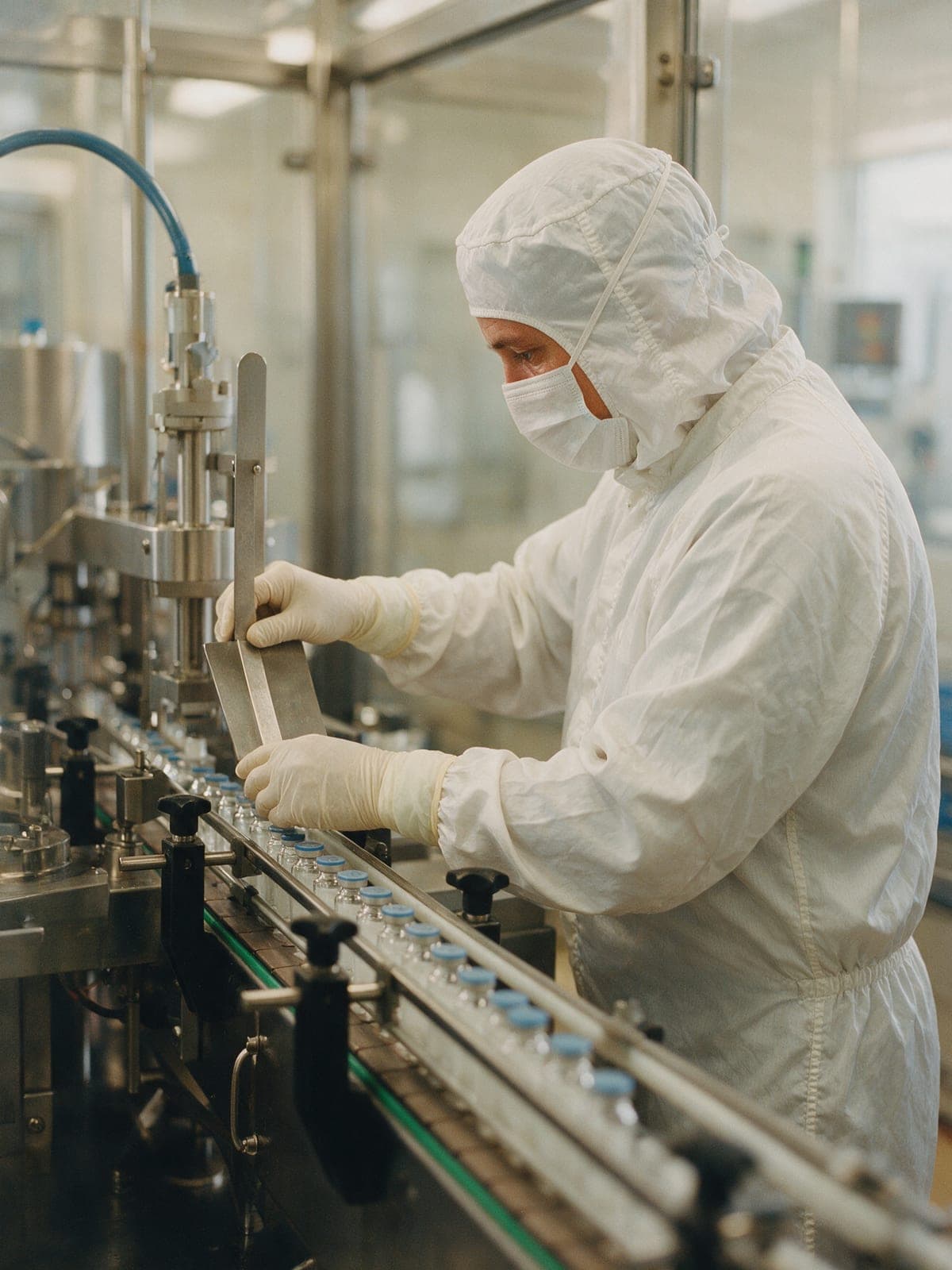 A production operator in cleanroom gowning setting up a vial filling line
