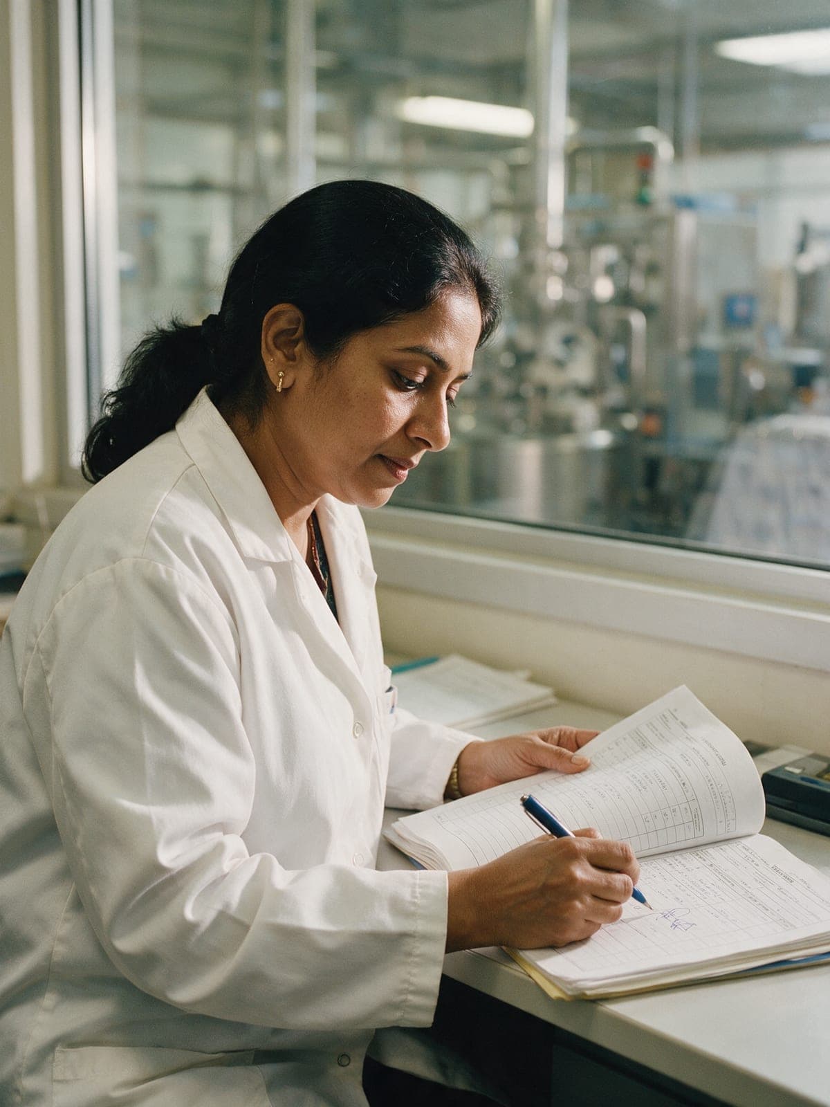 A quality assurance specialist reviewing a batch record beside a window onto the production floor