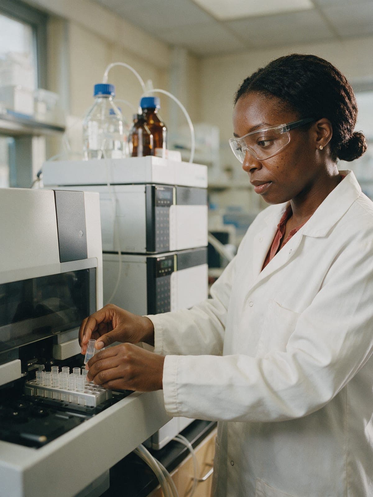 An analytical chemist loading sample vials into an HPLC autosampler