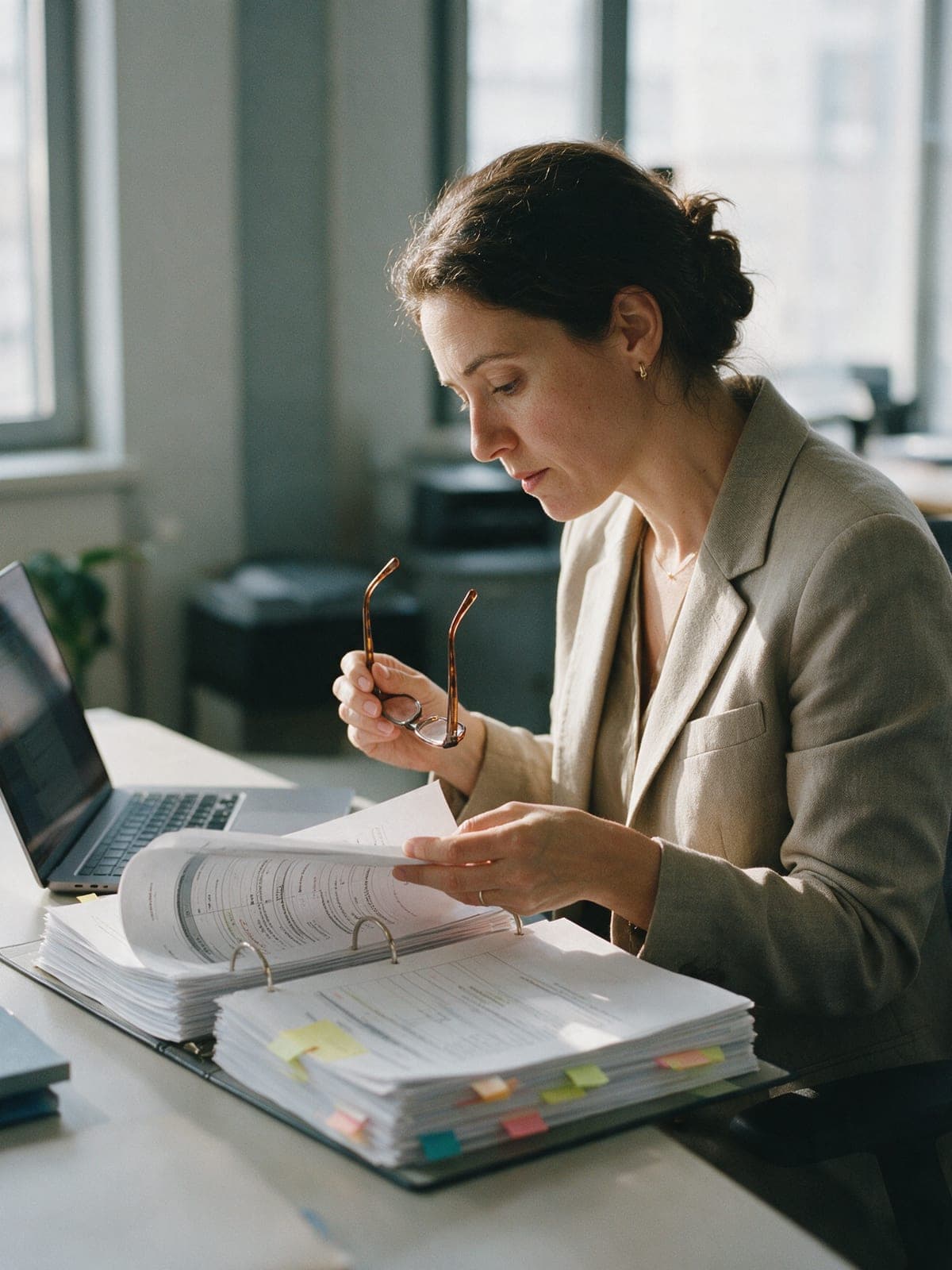 A regulatory affairs specialist working through a printed submission dossier