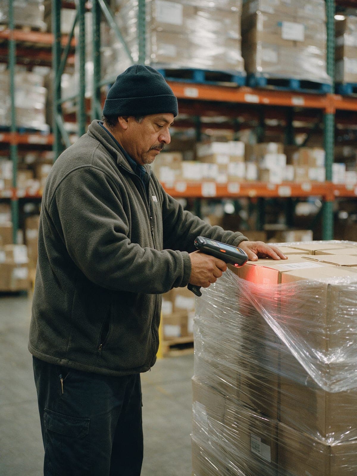 A warehouse associate scanning cartons in a temperature controlled pharmaceutical warehouse