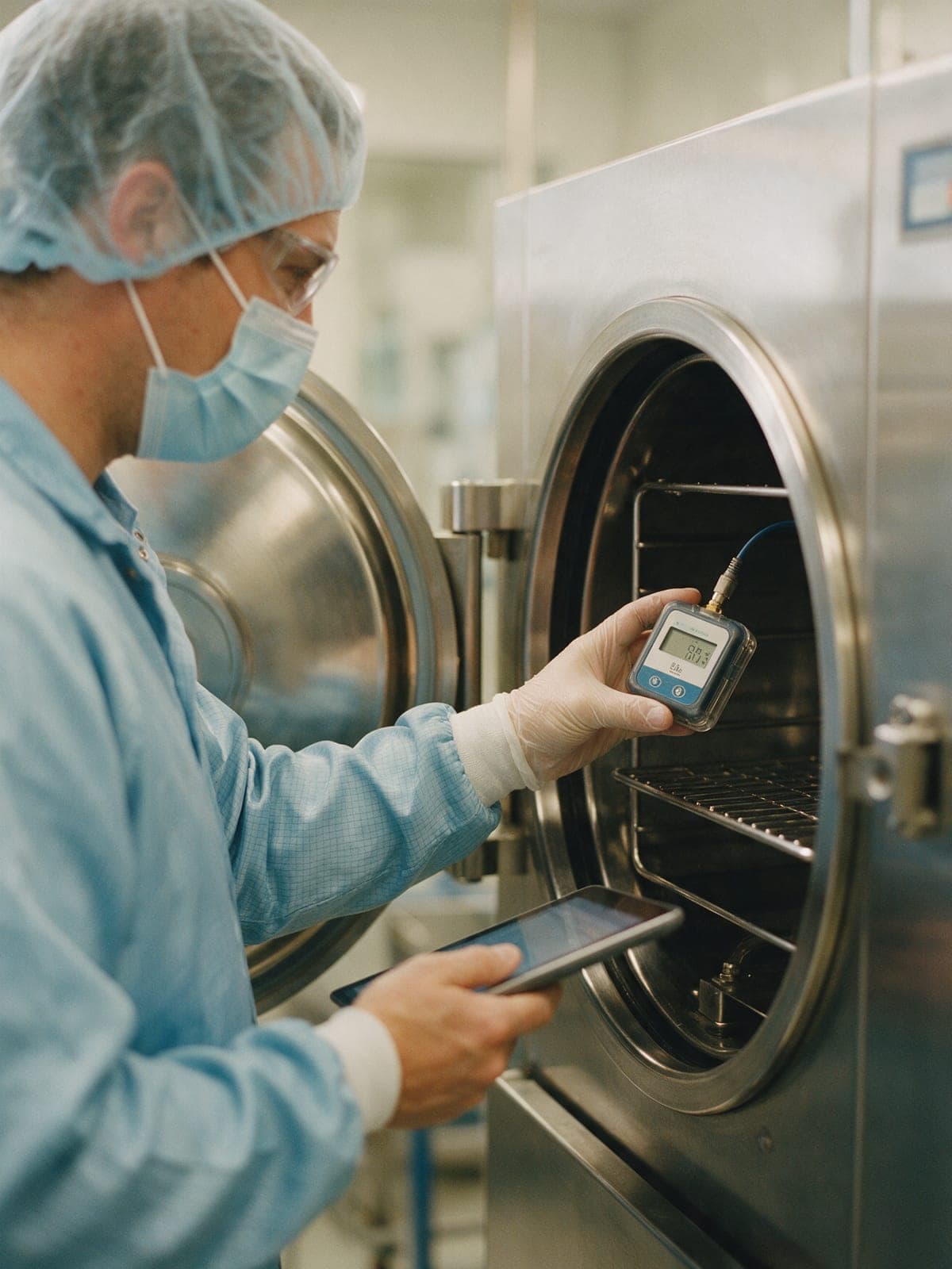 A validation engineer placing a temperature logger inside an autoclave chamber