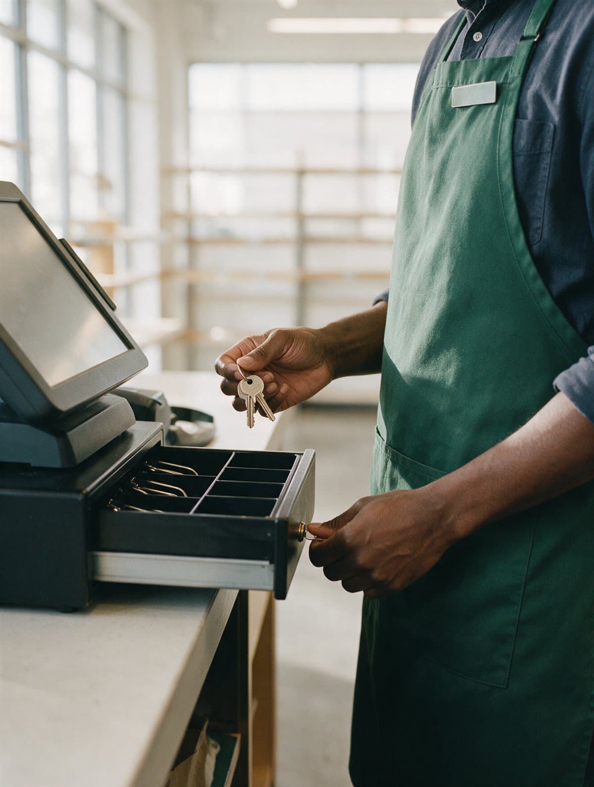 A keyholder opening the register at the start of the day